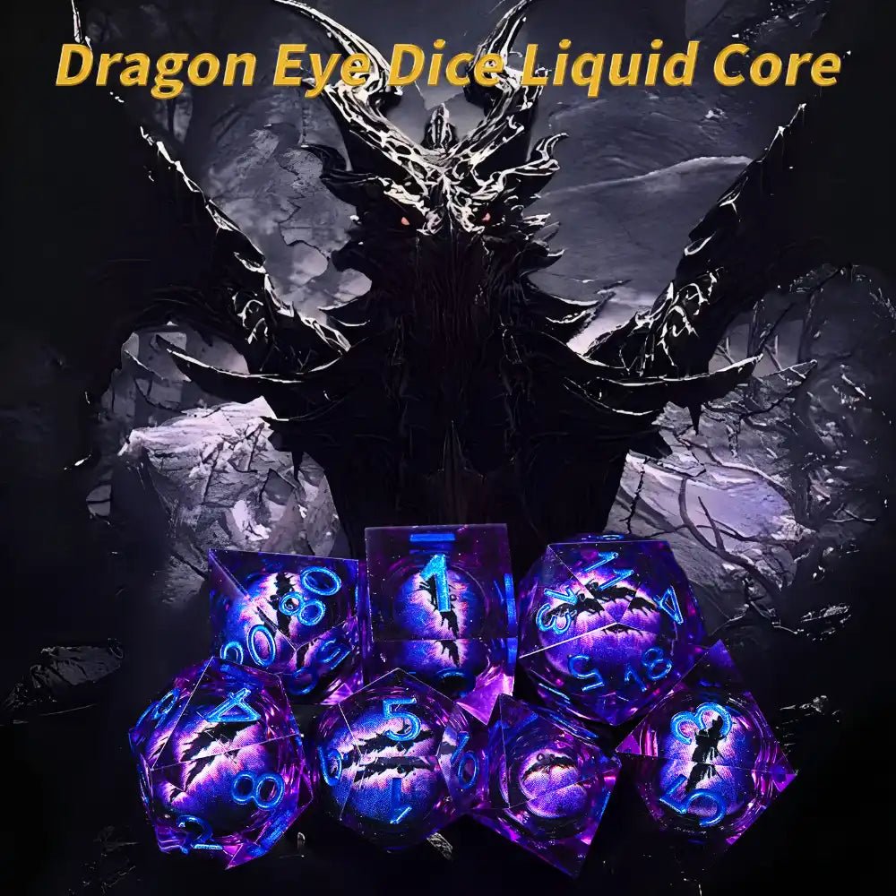Purple transparent resin liquid core dragon eye DND dice set + Blue Font - Bear Dice