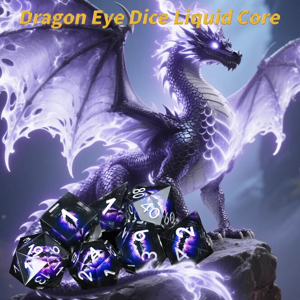 Purple transparent resin liquid core dragon eye DND dice set + Blue Font - Bear Dice
