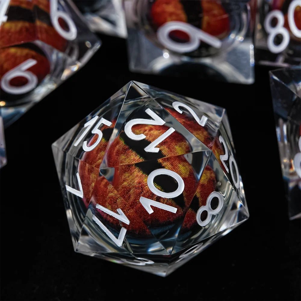 Purple transparent resin liquid core dragon eye DND dice set + Blue Font - Bear Dice