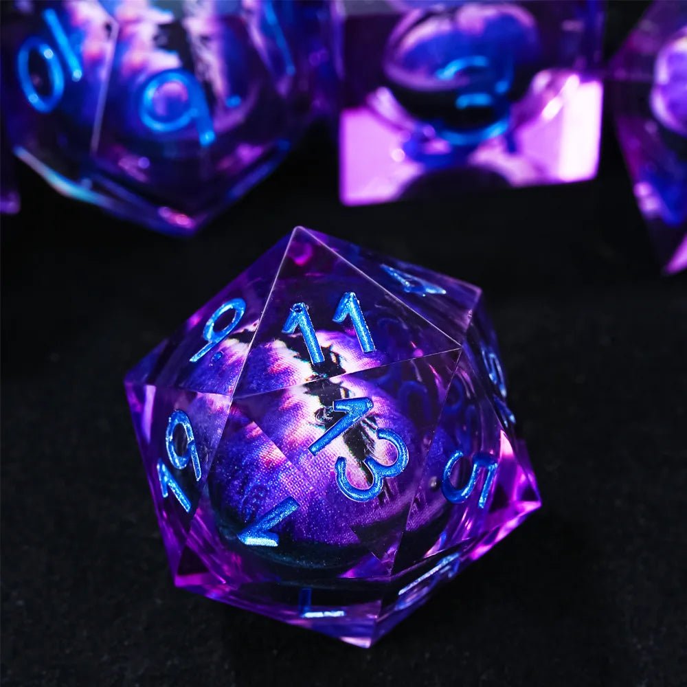 Purple transparent resin liquid core dragon eye DND dice set + Blue Font - Bear Dice