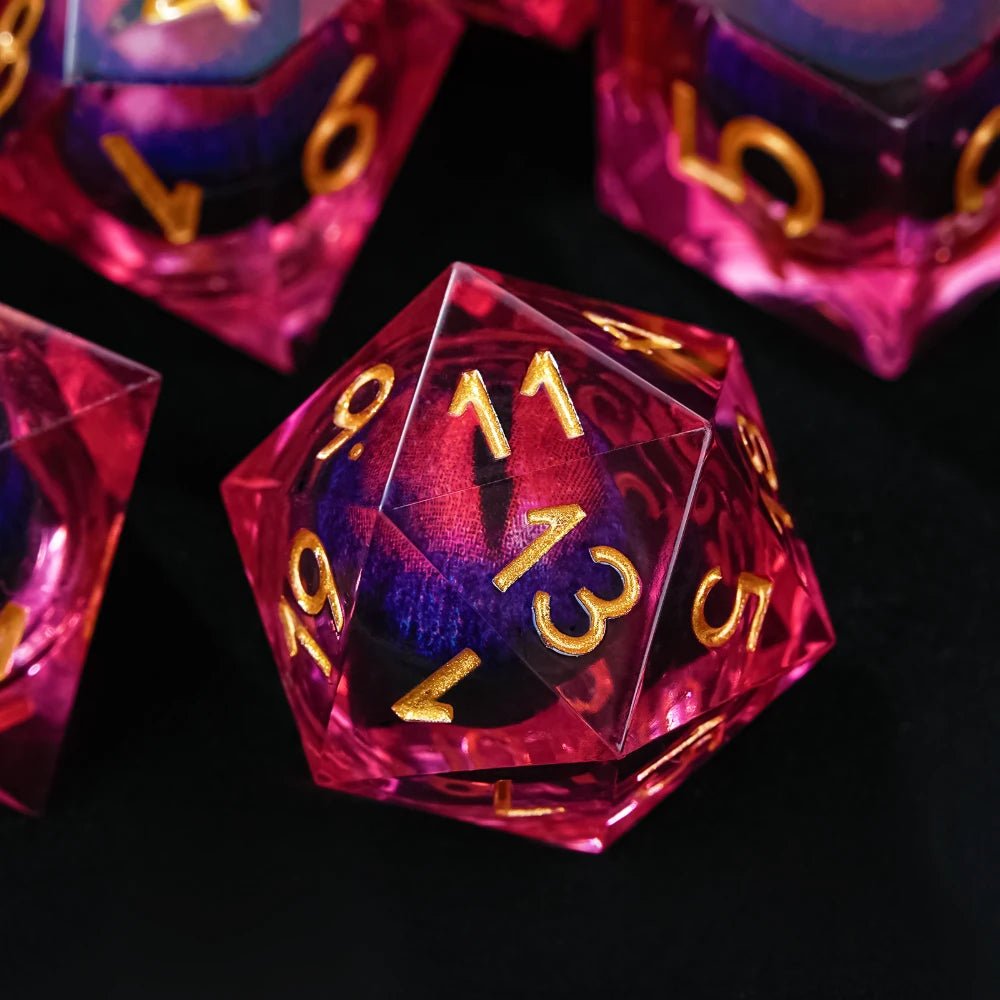 Purple transparent resin liquid core dragon eye DND dice set + Blue Font - Bear Dice