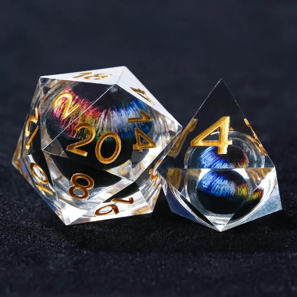 Purple transparent resin liquid core dragon eye DND dice set + Blue Font - Bear Dice