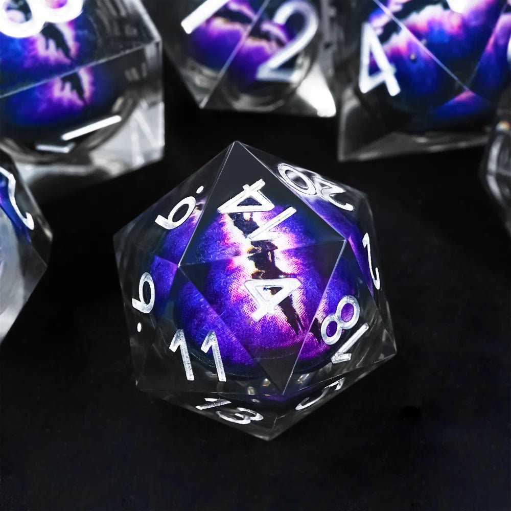 Purple transparent resin liquid core dragon eye DND dice set + Blue Font - Bear Dice