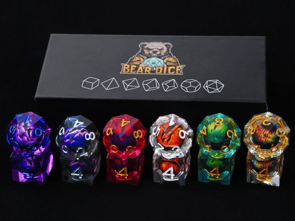 Purple transparent resin liquid core dragon eye DND dice set + Blue Font - Bear Dice