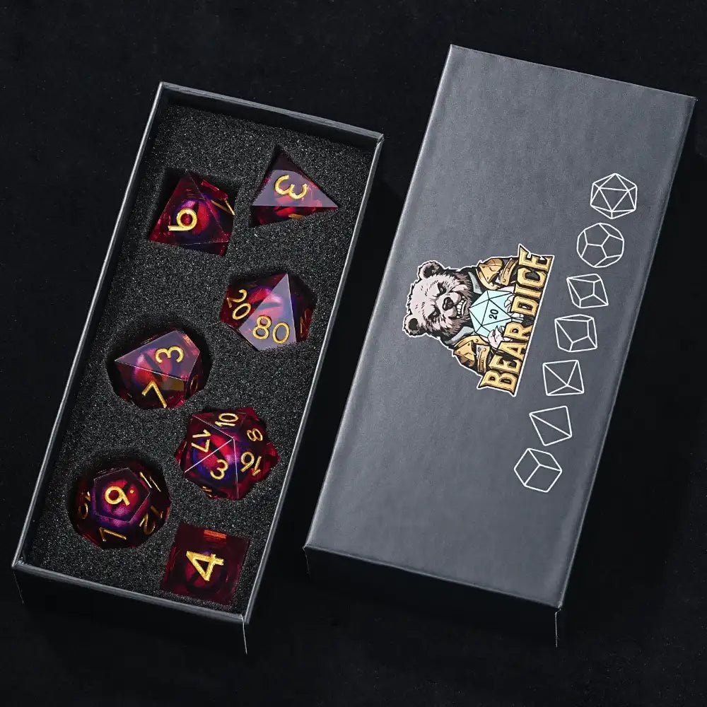Purple transparent resin liquid core dragon eye DND dice set + Blue Font - Bear Dice