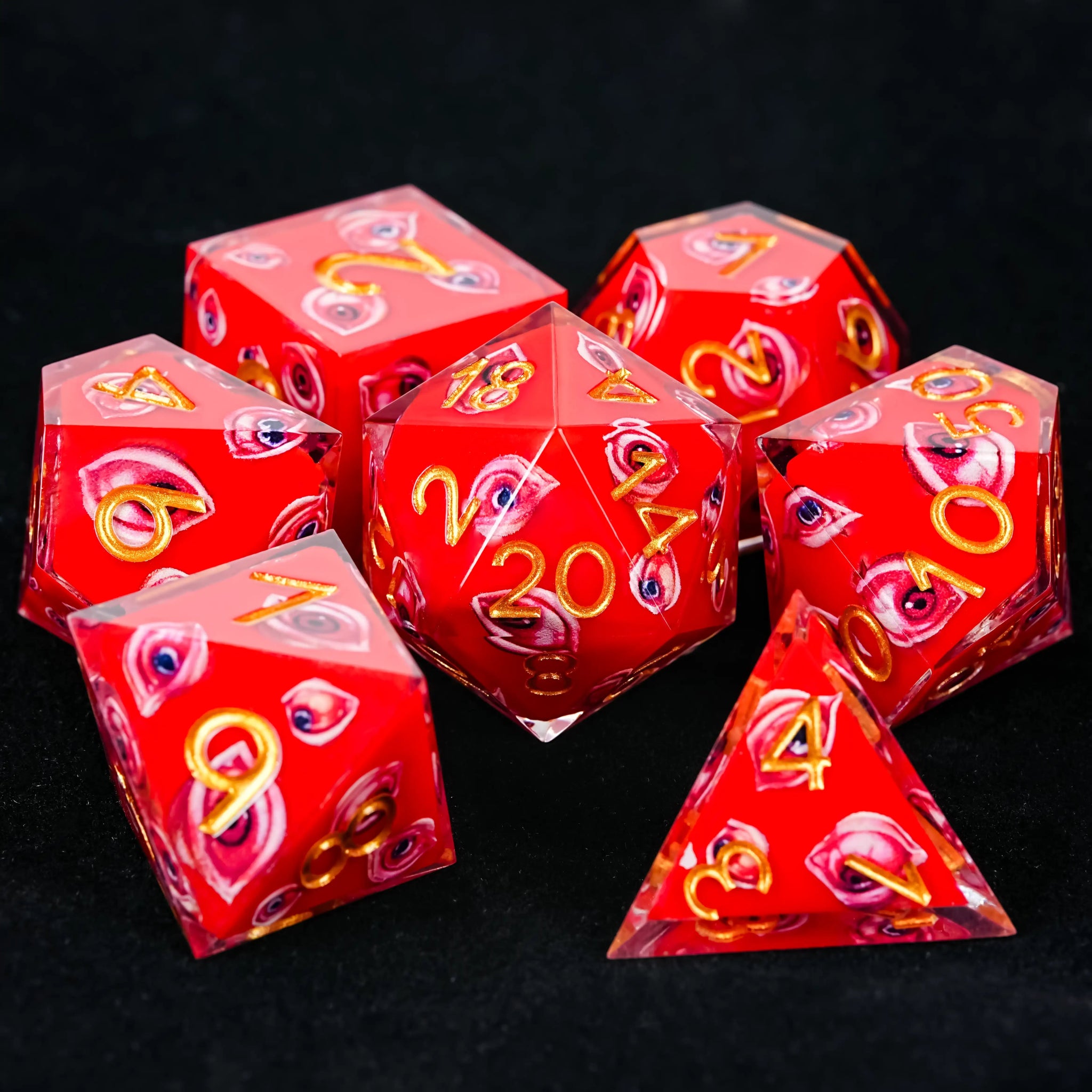 Red Eye Resin Dice Set with Gold Numbers - RPG DND - Bear Dice