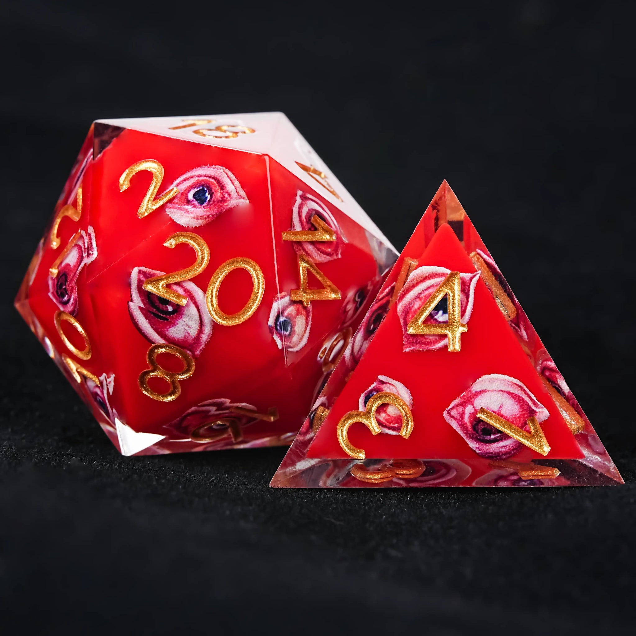 Red Eye Resin Dice Set with Gold Numbers - RPG DND - Bear Dice
