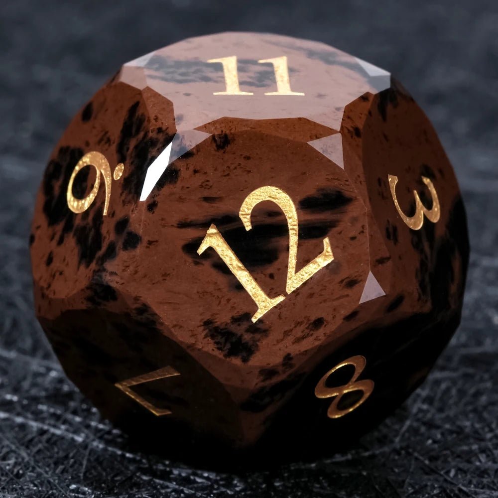Reddish - brown Natural Gemstone DND Dice Set | Diamond Cut Gold Font RPG Dice - Bear Dice