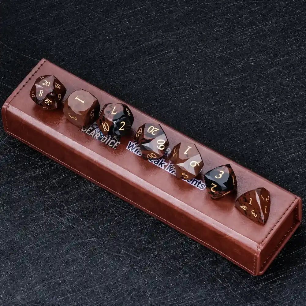Reddish - brown Natural Gemstone DND Dice Set | Diamond Cut Gold Font RPG Dice - Bear Dice