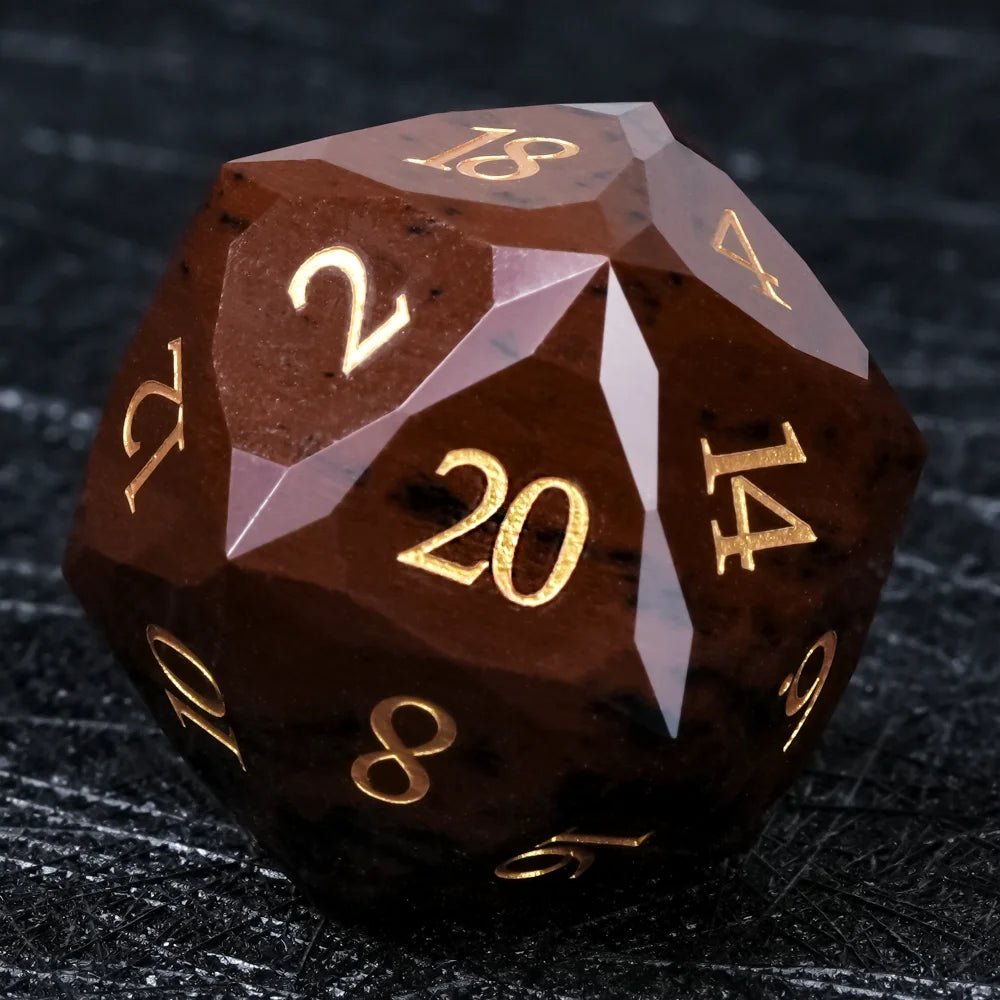 Reddish - brown Natural Gemstone DND Dice Set | Diamond Cut Gold Font RPG Dice - Bear Dice