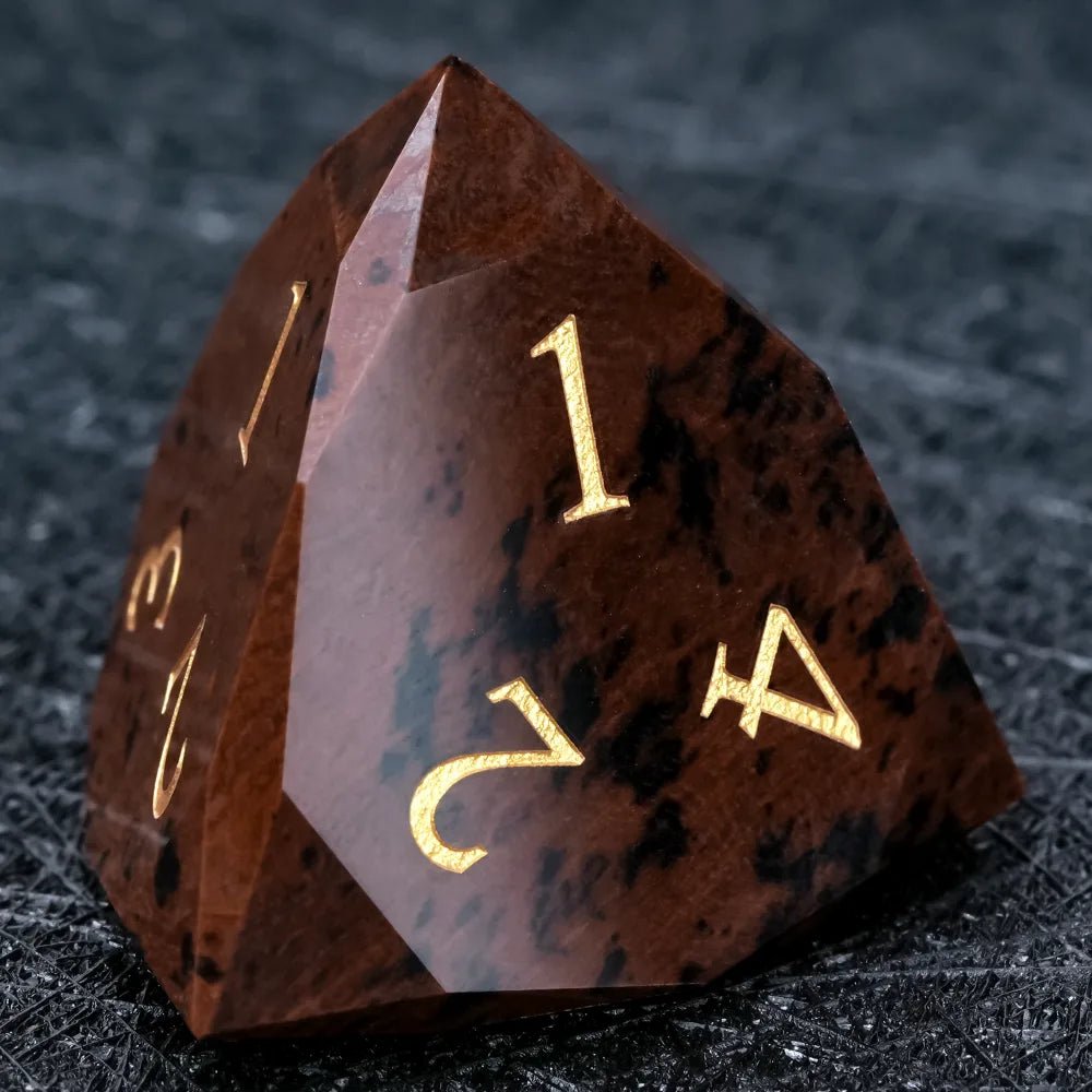 Reddish - brown Natural Gemstone DND Dice Set | Diamond Cut Gold Font RPG Dice - Bear Dice