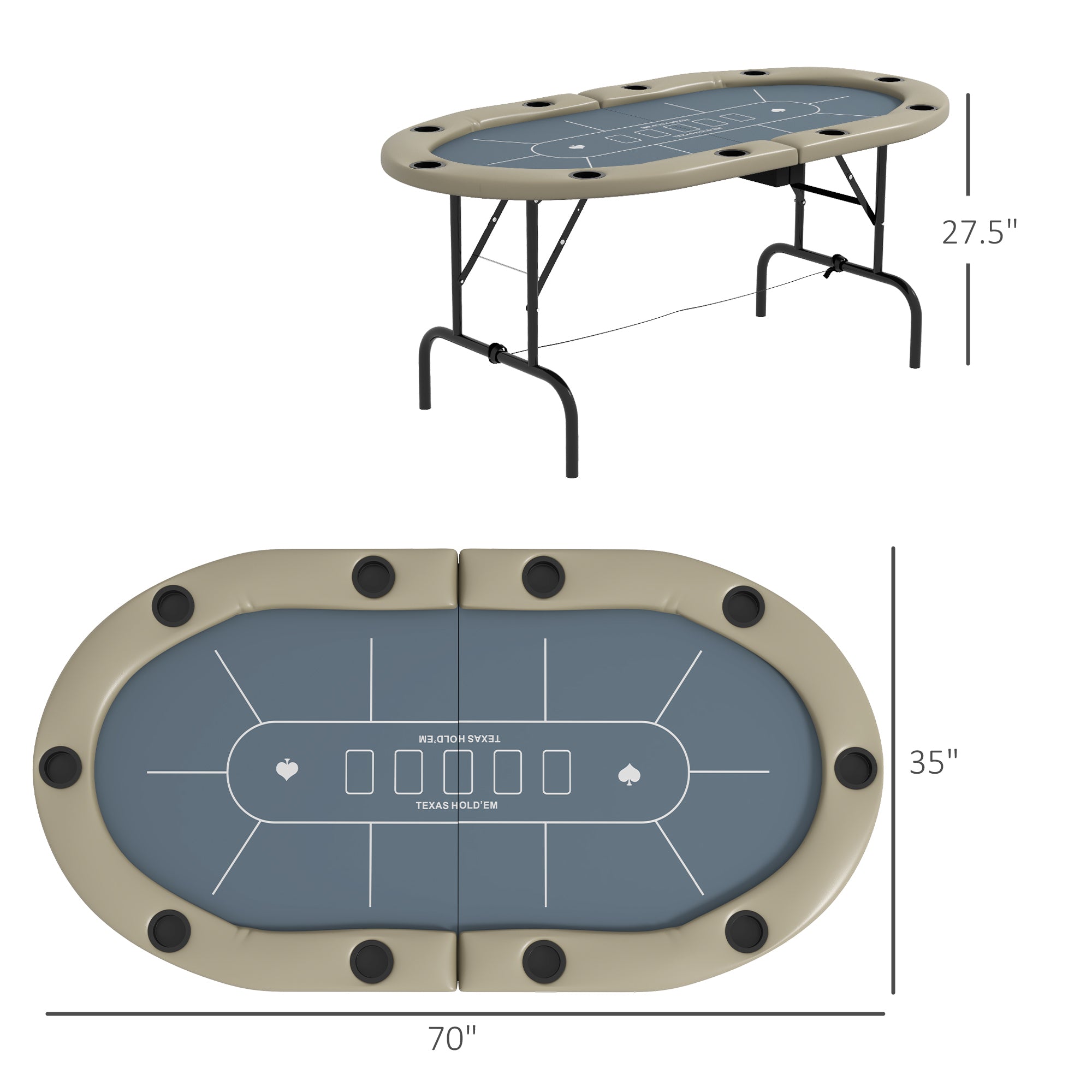 Gray 70-Inch Oval Foldable Poker Table Front View with Steel Folding Legs in Modern Game Room | Bear Dice
