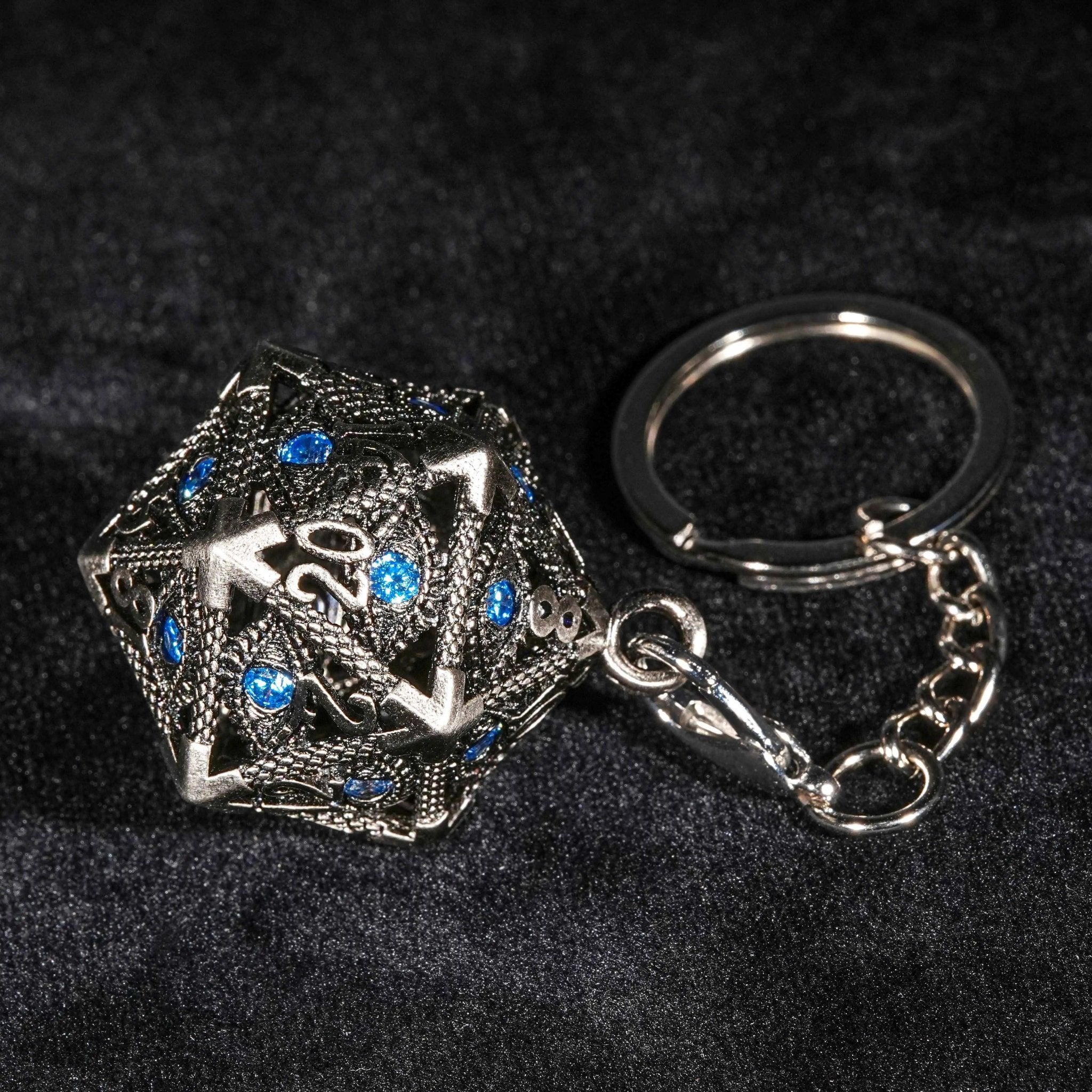 Sapphire Dragon Eye Metal Hollow D20 Dice Cage Keychain + 7 Mini Metal Dice Set - Bear Dice