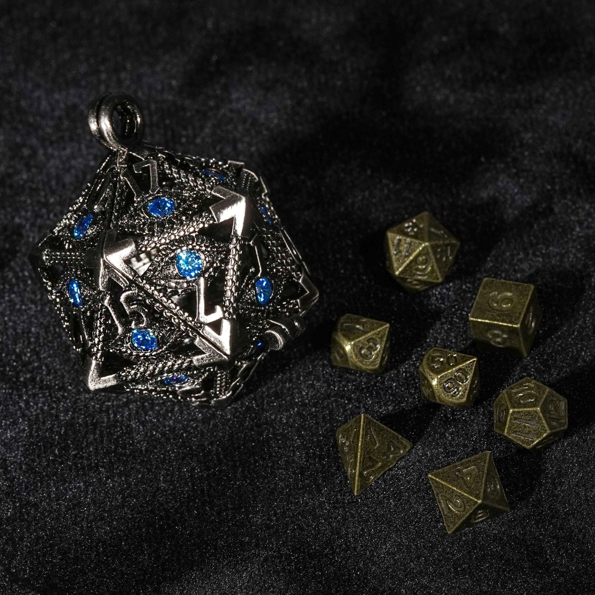 Sapphire Dragon Eye Metal Hollow D20 Dice Cage Keychain + 7 Mini Metal Dice Set - Bear Dice