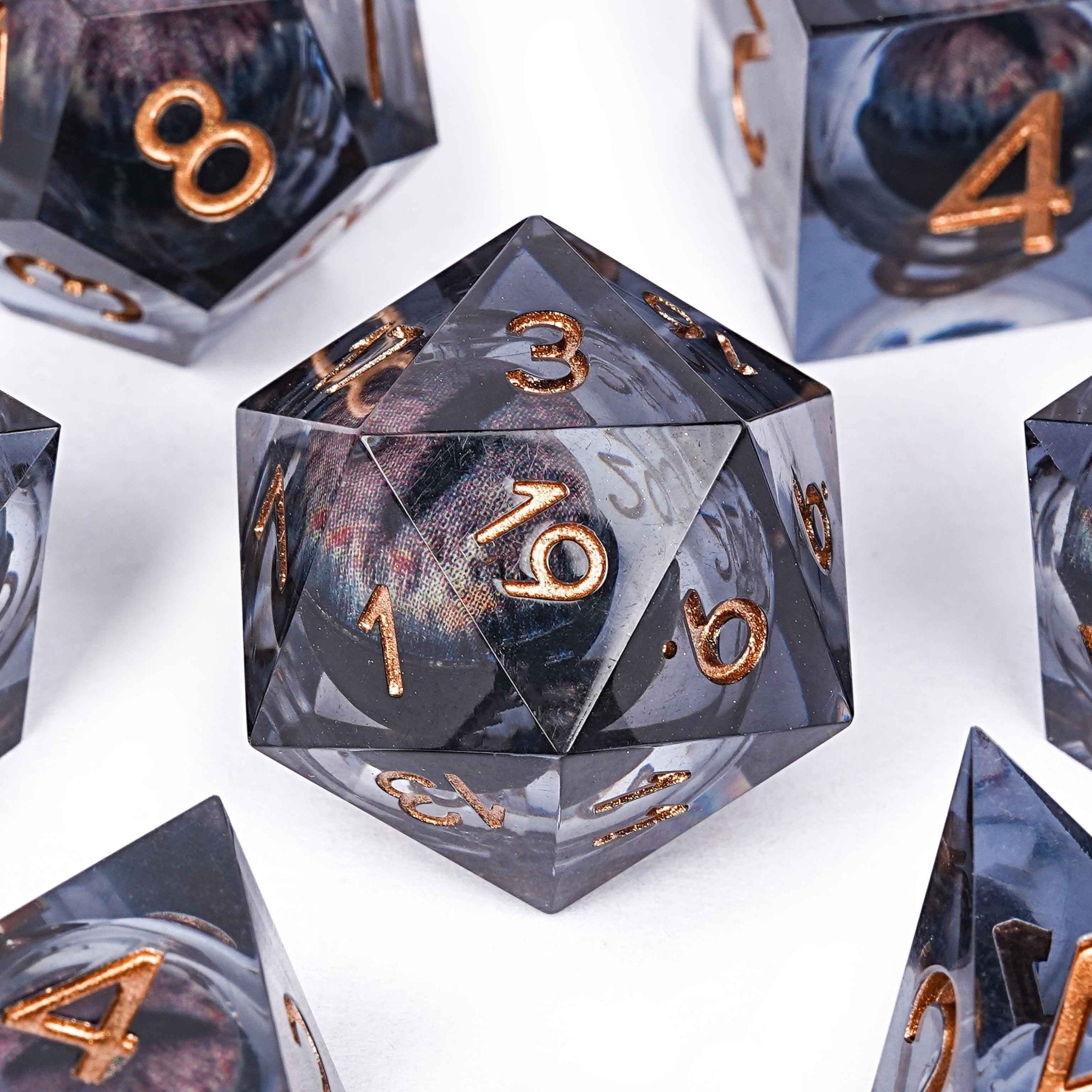 Sharp - edged black dragon's eye transparent liquid core resin DND dice set + copper font - Bear Dice