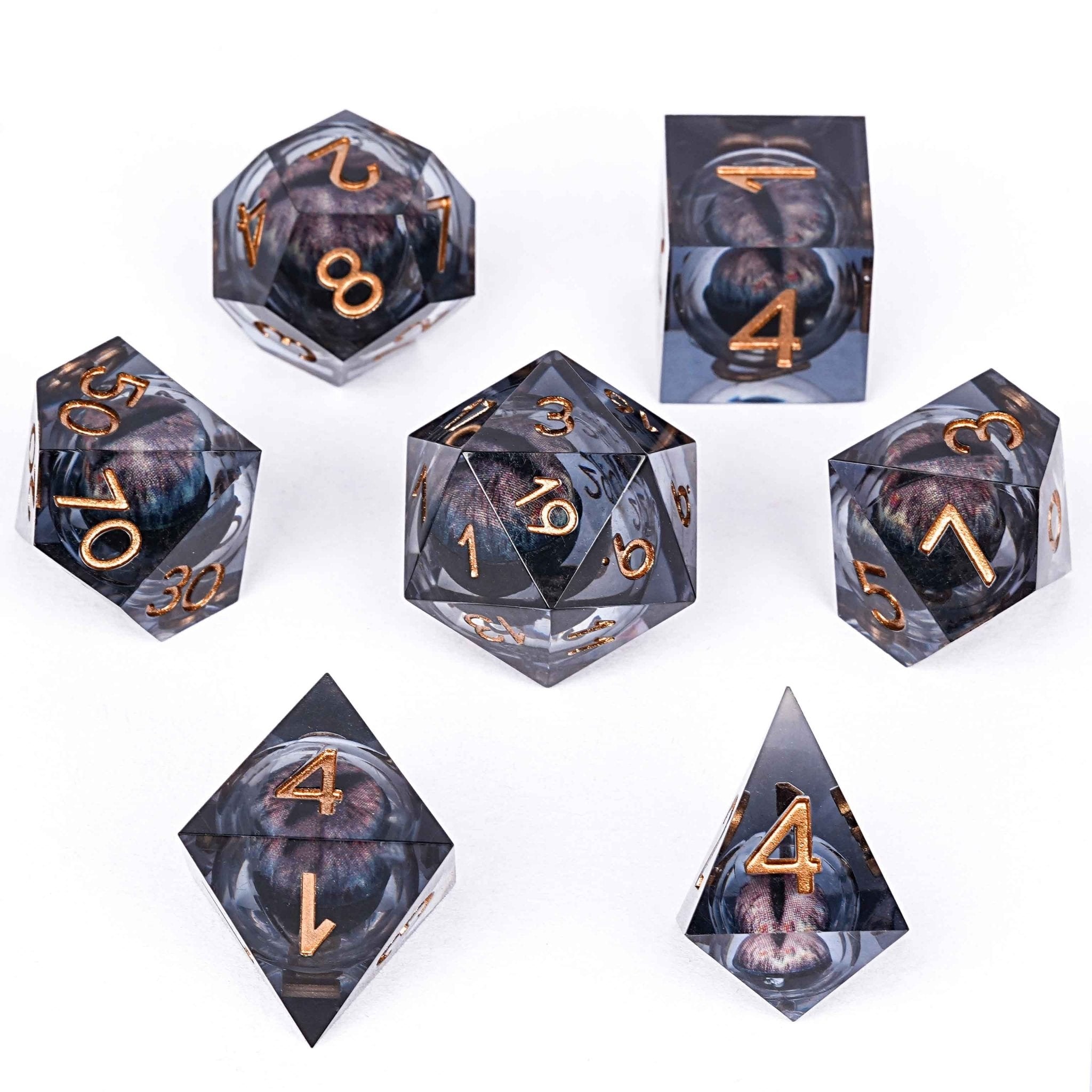 Sharp - edged black dragon's eye transparent liquid core resin DND dice set + copper font - Bear Dice
