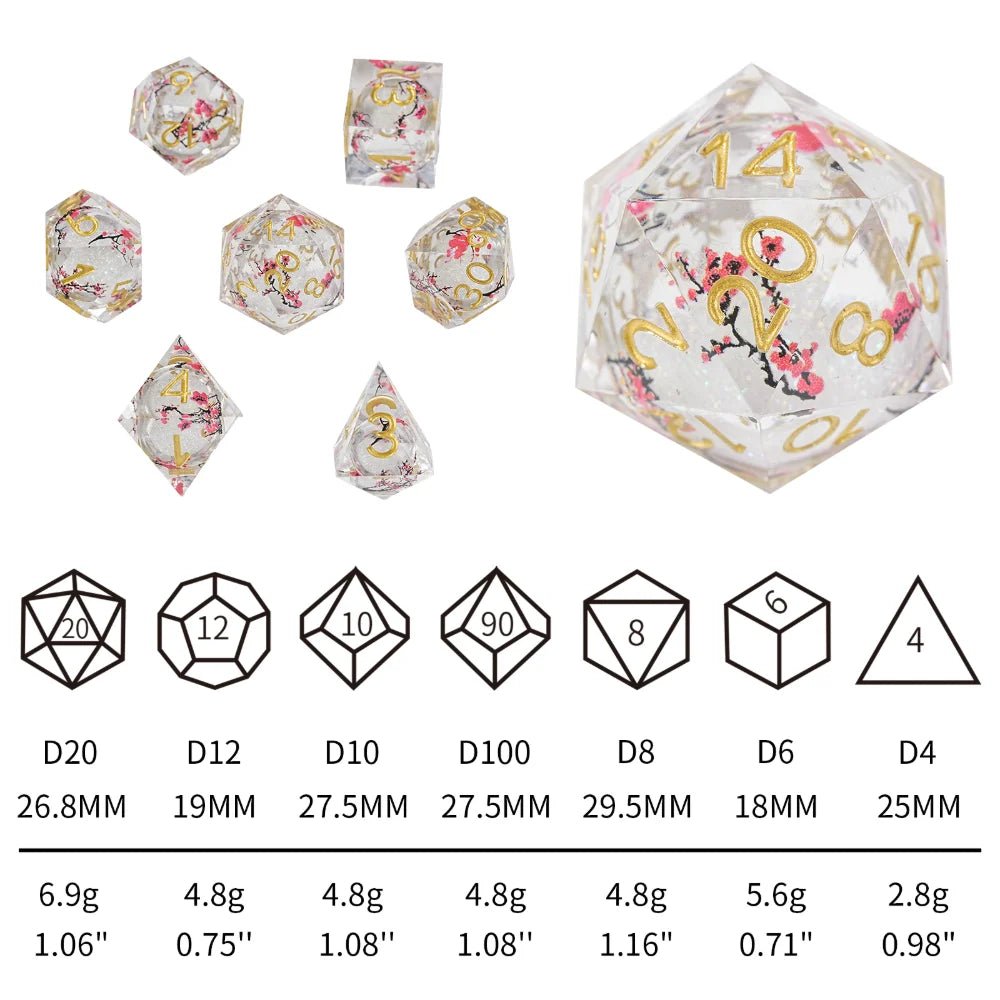 Sharp - edged plum blossom resin DND dice set + gold numbers - Bear Dice