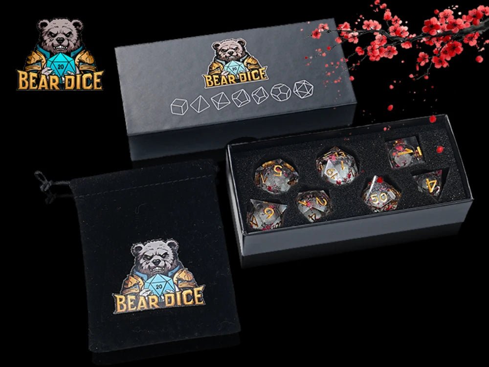 Sharp - edged plum blossom resin DND dice set + gold numbers - Bear Dice