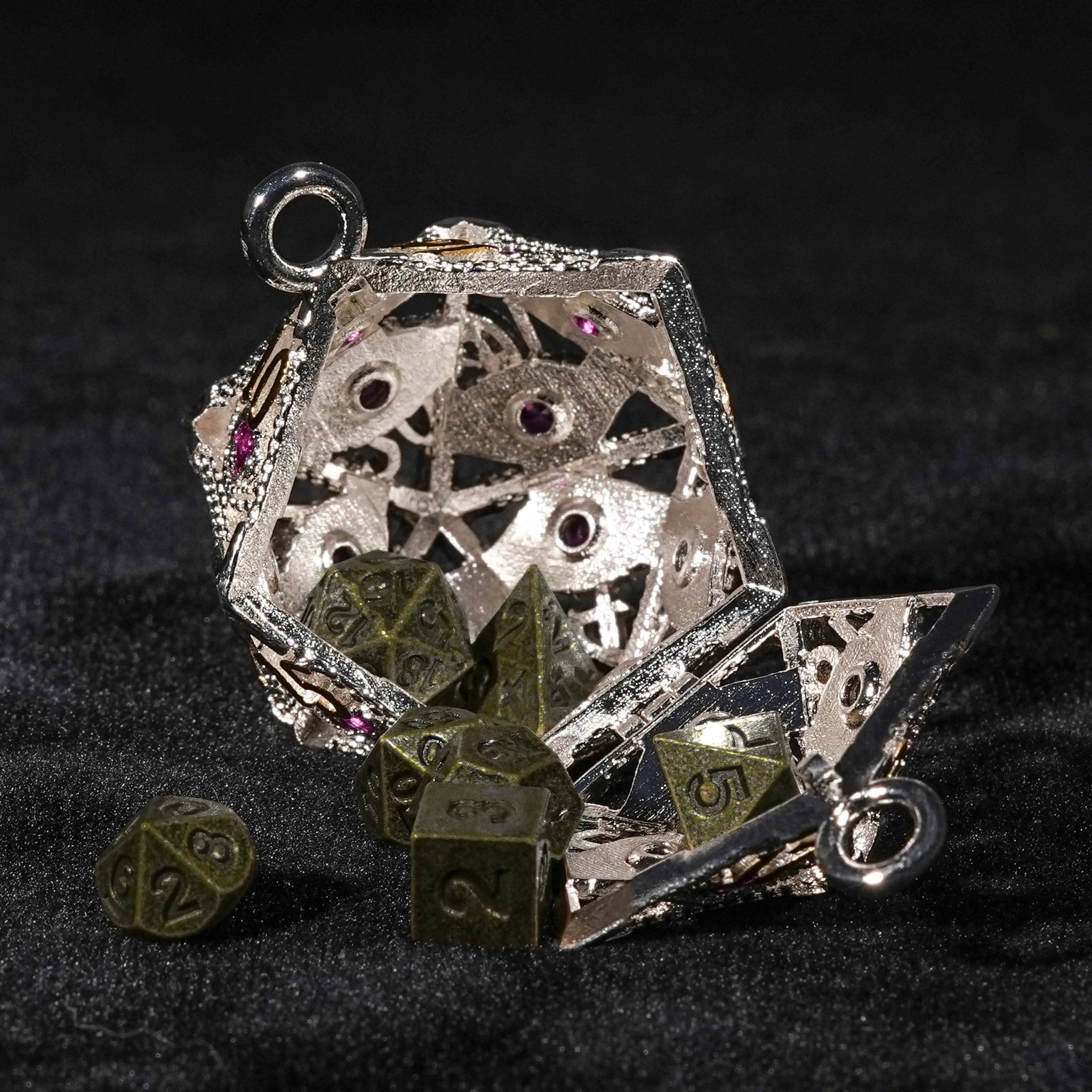 Silver Metal d20 Dice Cage Necklace Set Ruby Dragon's Eye - Bear Dice