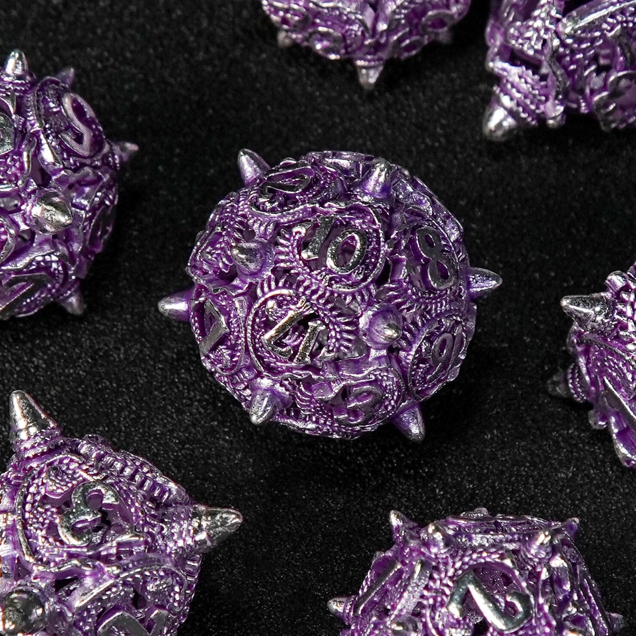 Silver purple meteor hammer hollow metal dnd dice set + silver font - Bear Dice