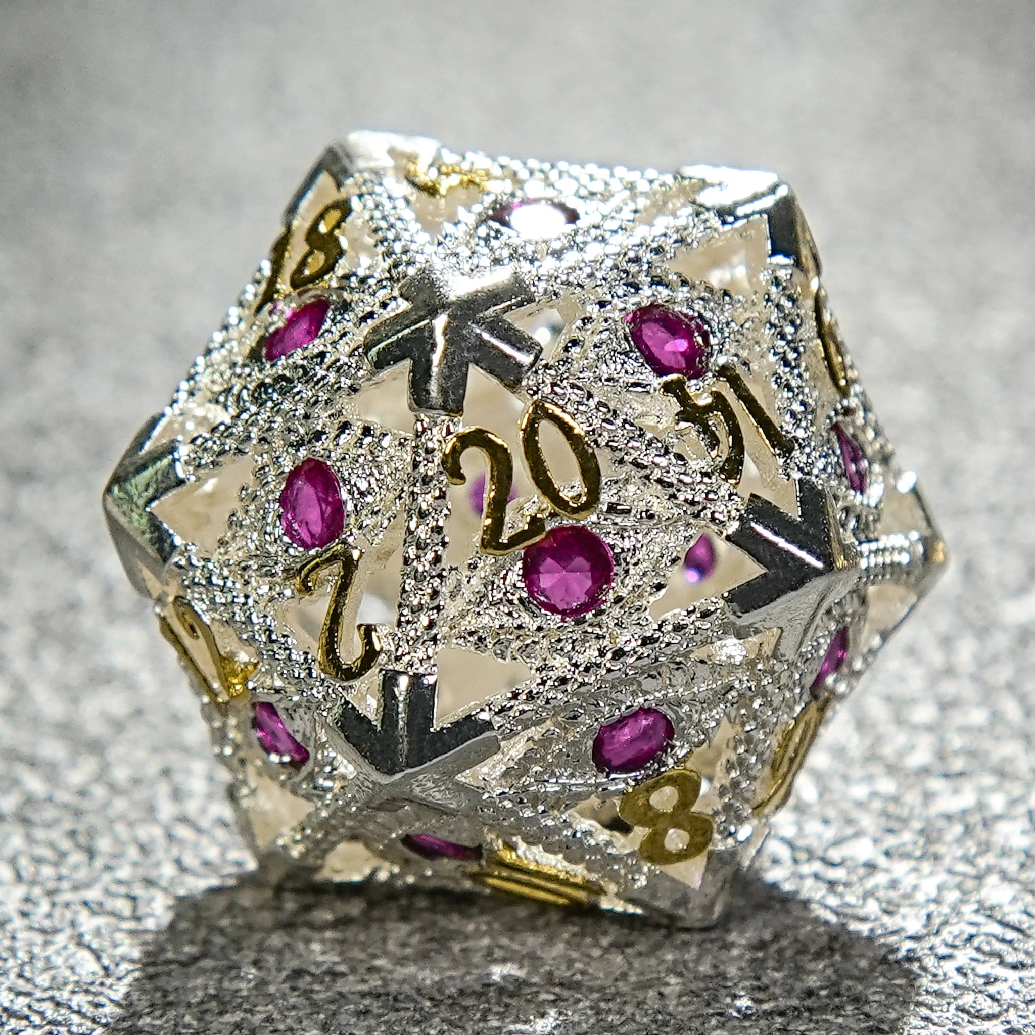 Silver with Pink Gems Dragon's Eye Hollow Metal RPG dice set - Bear Dice
