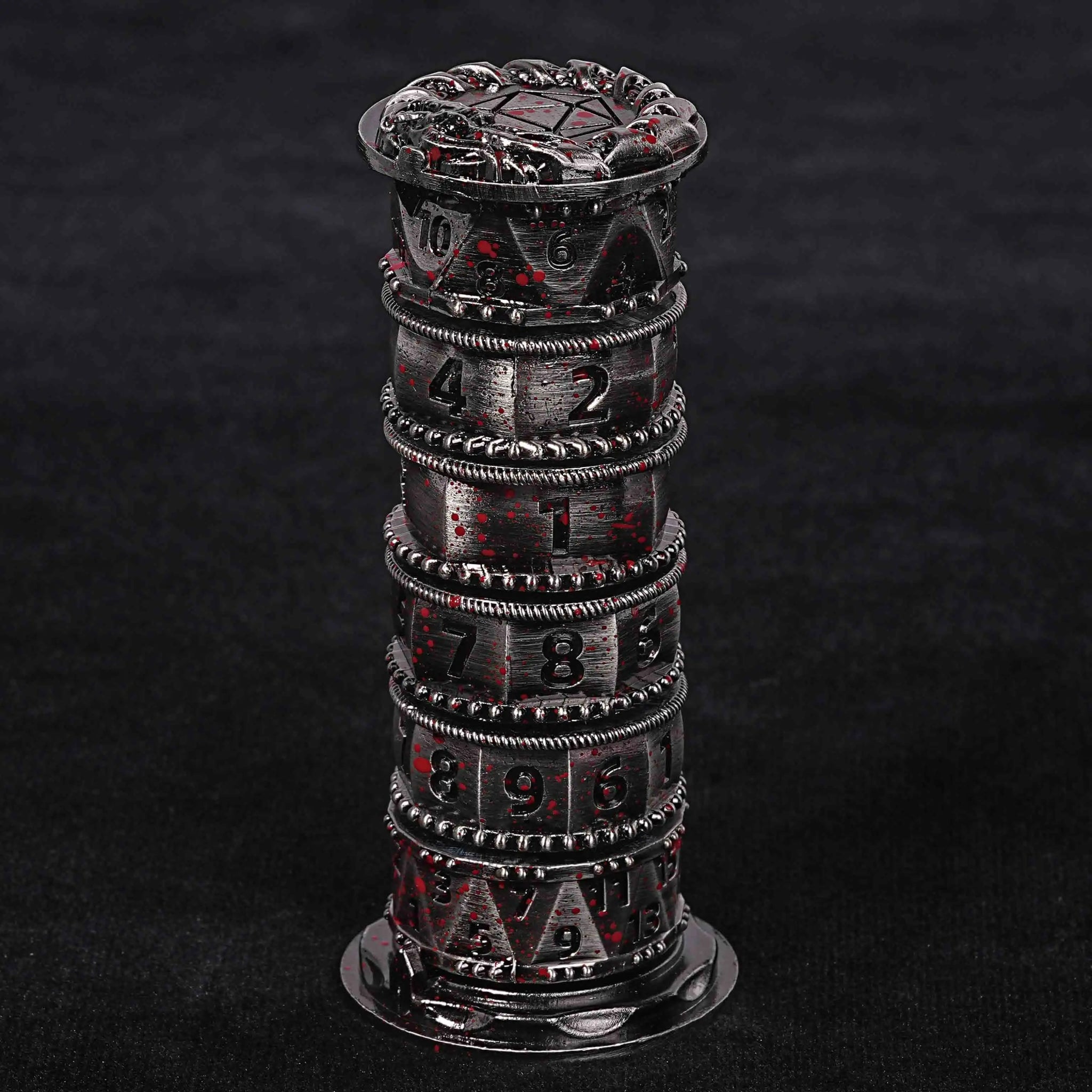 Unique dice tower spinner: black cylinder multi - layer rotating metal dnd dice + red numbers - Bear Dice