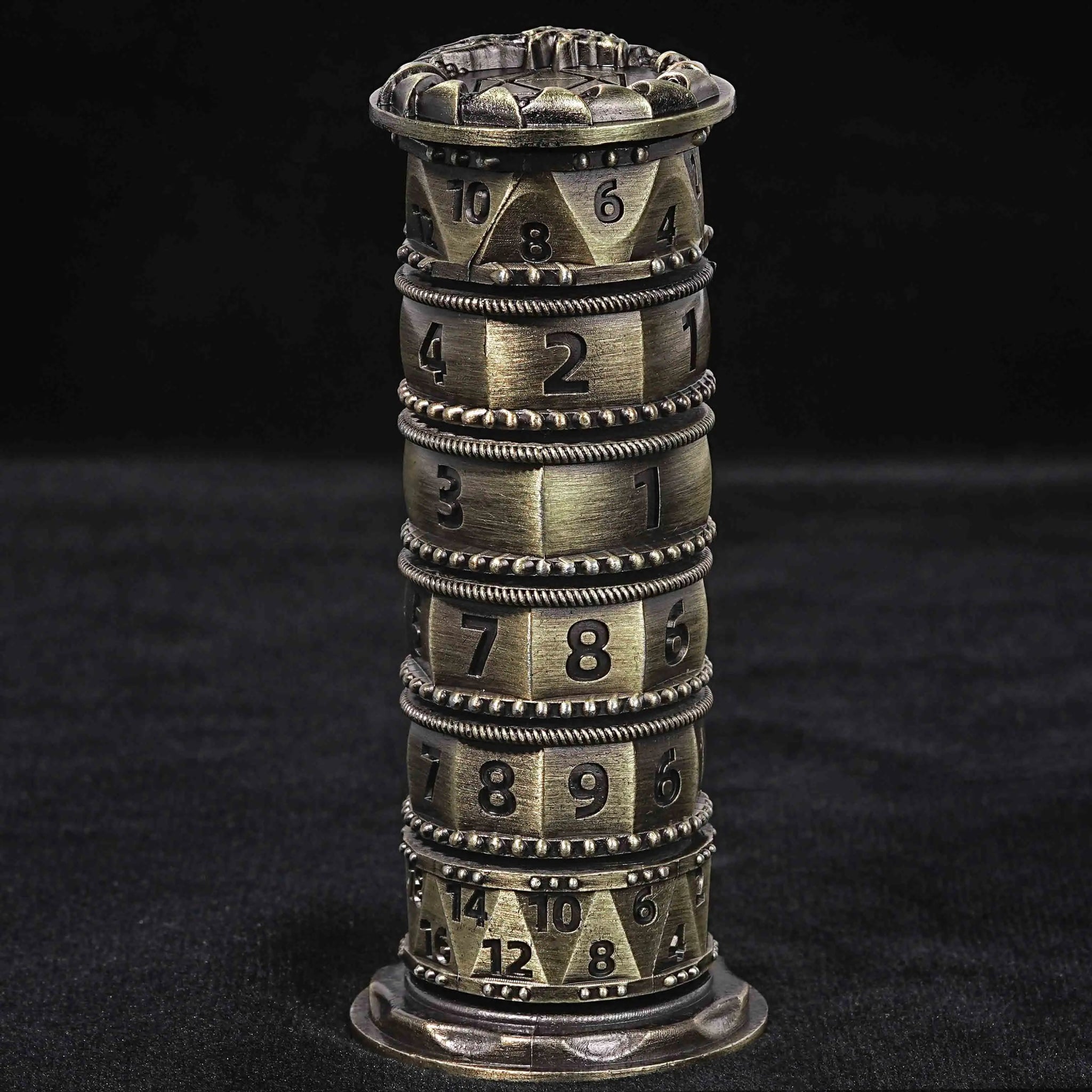 Unique dice tower spinner: black cylinder multi - layer rotating metal dnd dice + red numbers - Bear Dice