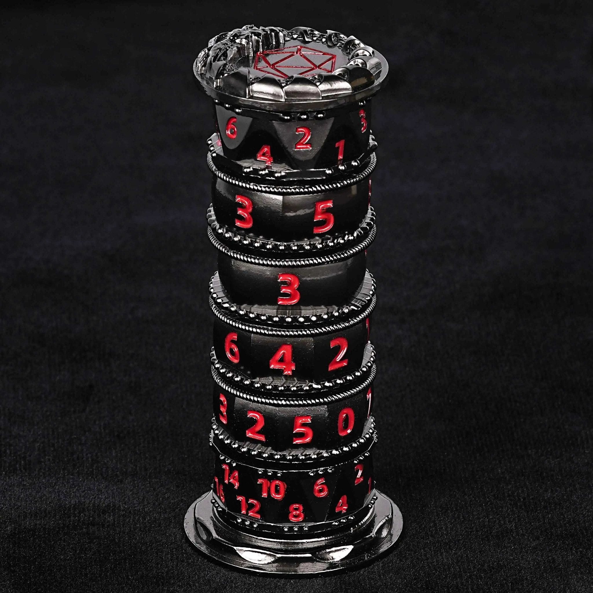 Unique dice tower spinner: black cylinder multi - layer rotating metal dnd dice + red numbers - Bear Dice