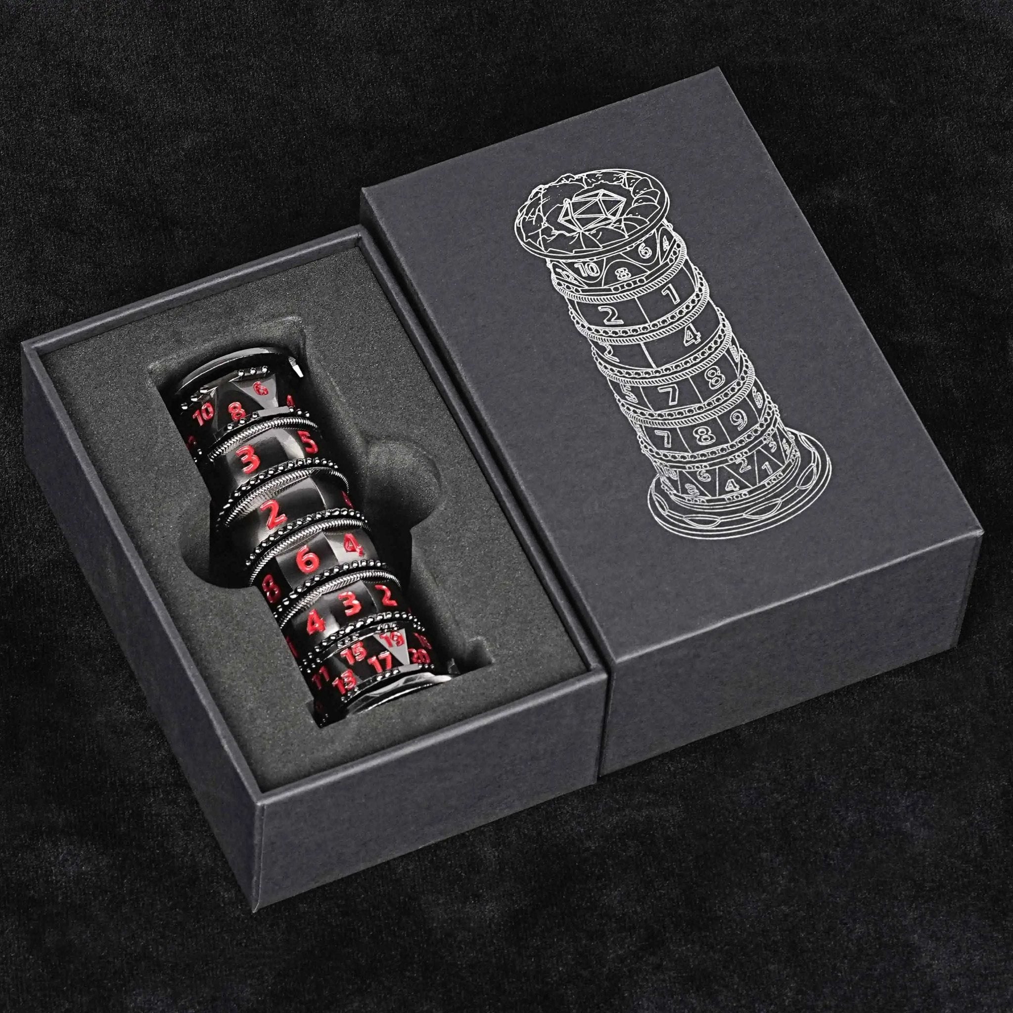 Unique dice tower spinner: black cylinder multi - layer rotating metal dnd dice + red numbers - Bear Dice