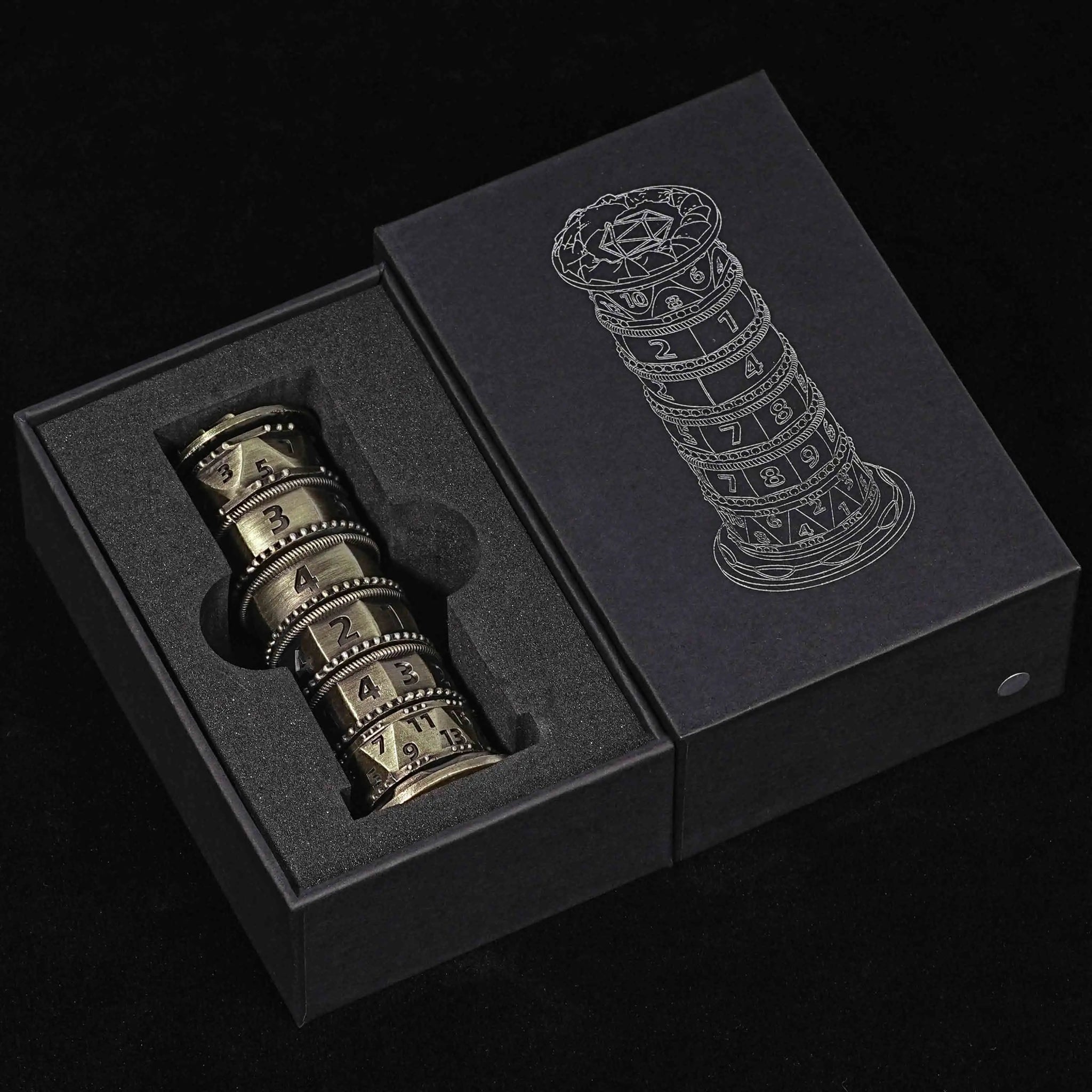 Unique dice tower spinner: black cylinder multi - layer rotating metal dnd dice + red numbers - Bear Dice