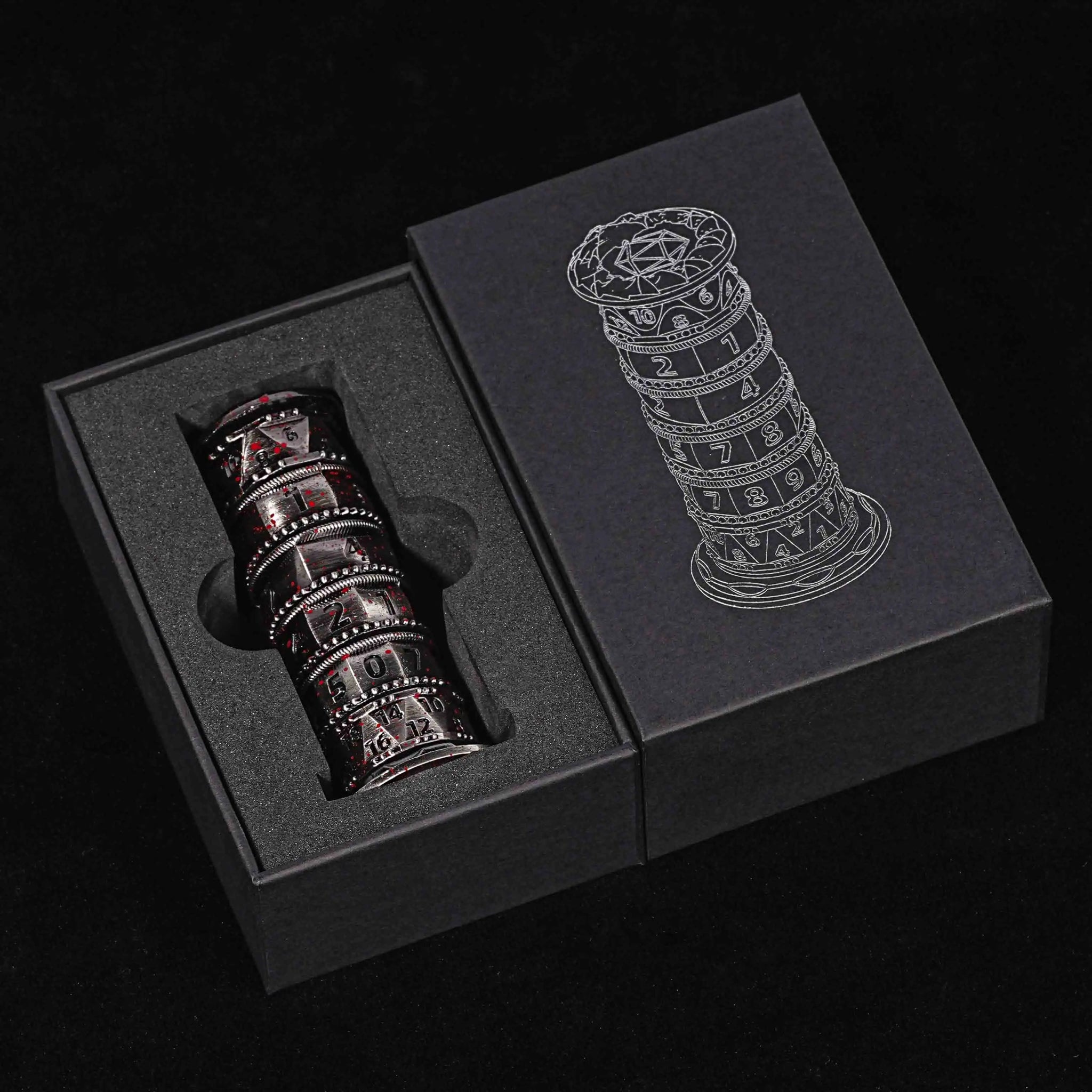 Unique dice tower spinner: black cylinder multi - layer rotating metal dnd dice + red numbers - Bear Dice