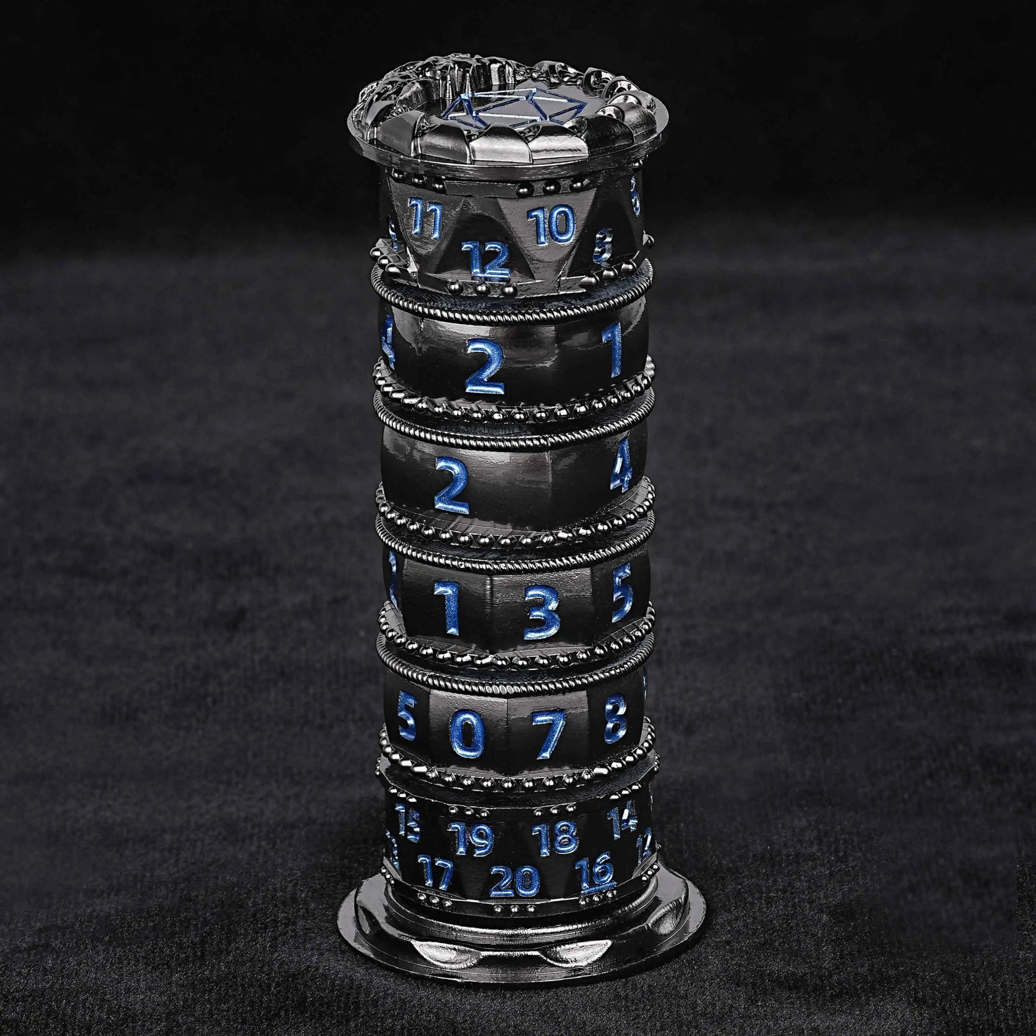 Unique dice tower spinner: black cylinder multi - layer rotating metal dnd dice + red numbers - Bear Dice