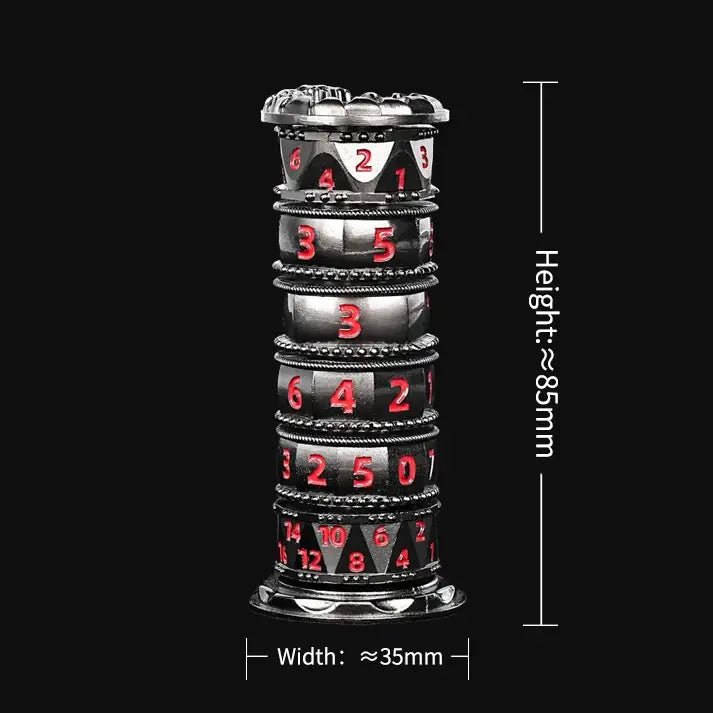 Unique dice tower spinner: black cylinder multi - layer rotating metal dnd dice + red numbers - Bear Dice