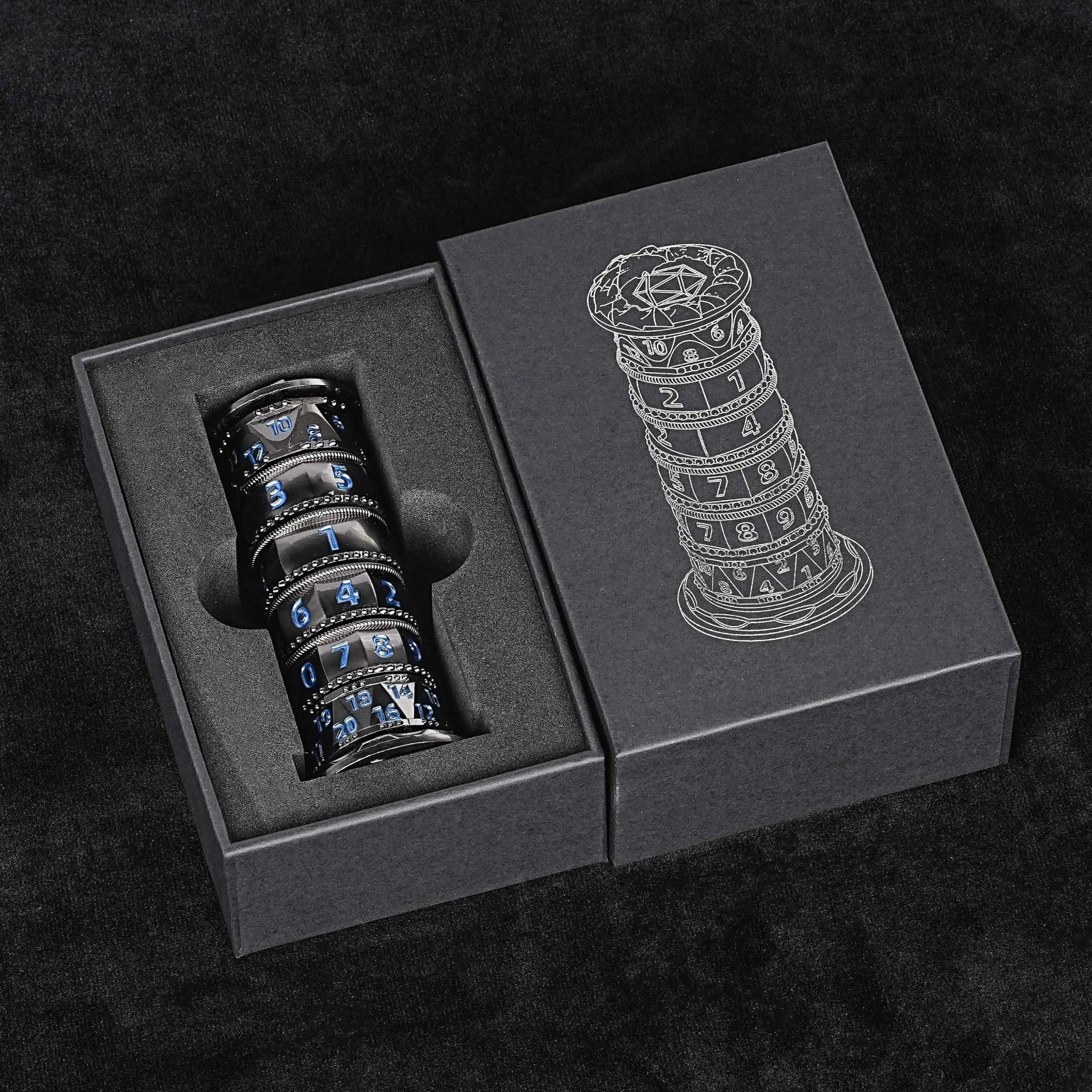 Unique dice tower spinner: black cylinder multi - layer rotating metal dnd dice + red numbers - Bear Dice