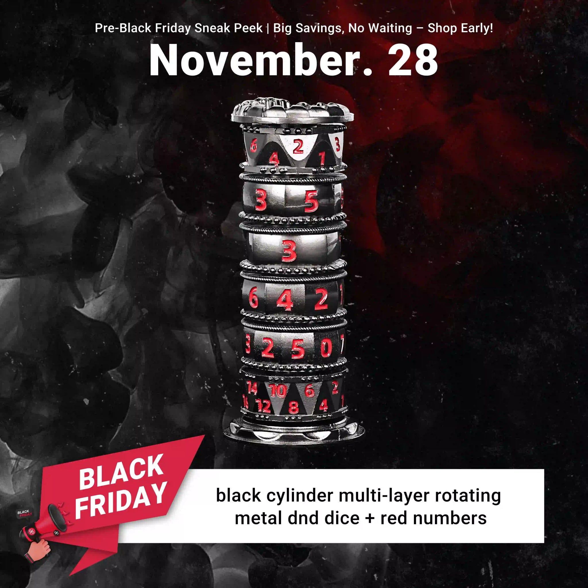Unique dice tower spinner: black cylinder multi - layer rotating metal dnd dice + red numbers - Bear Dice