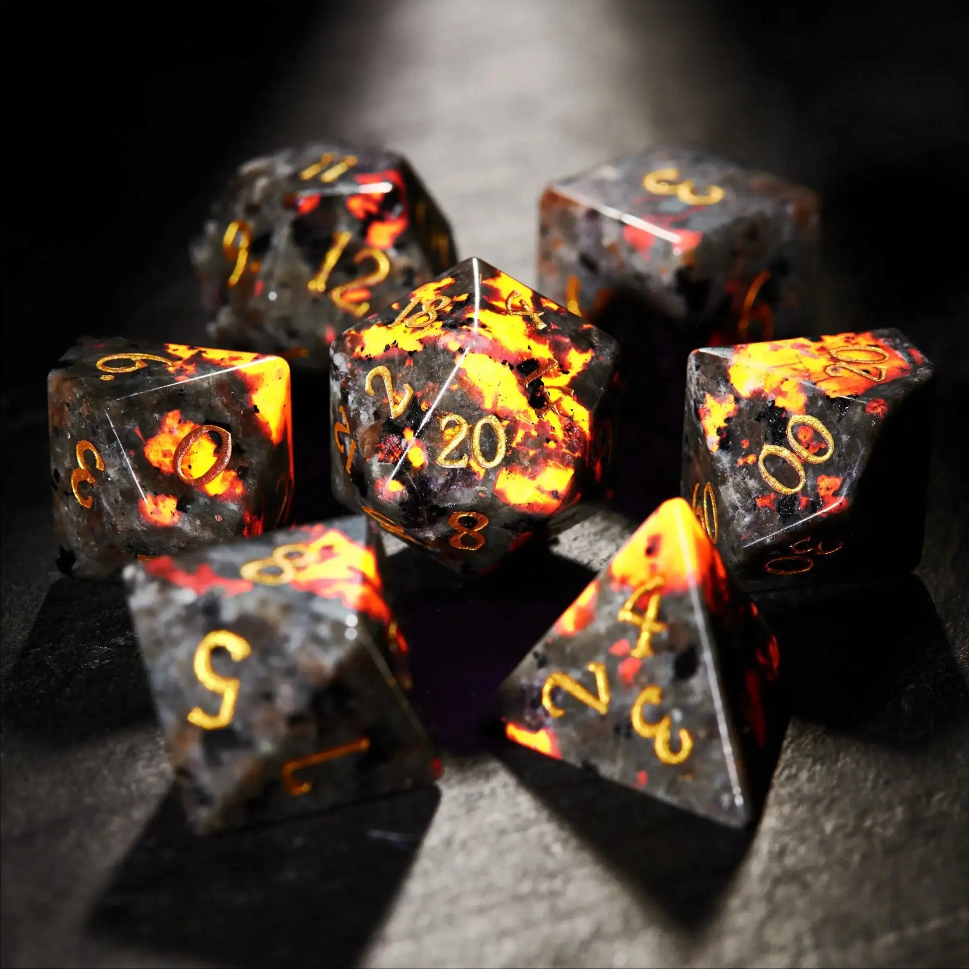 Unique Flame Stone Dice: The color of volcanic lava DND Gemstone Dice Set - Bear Dice