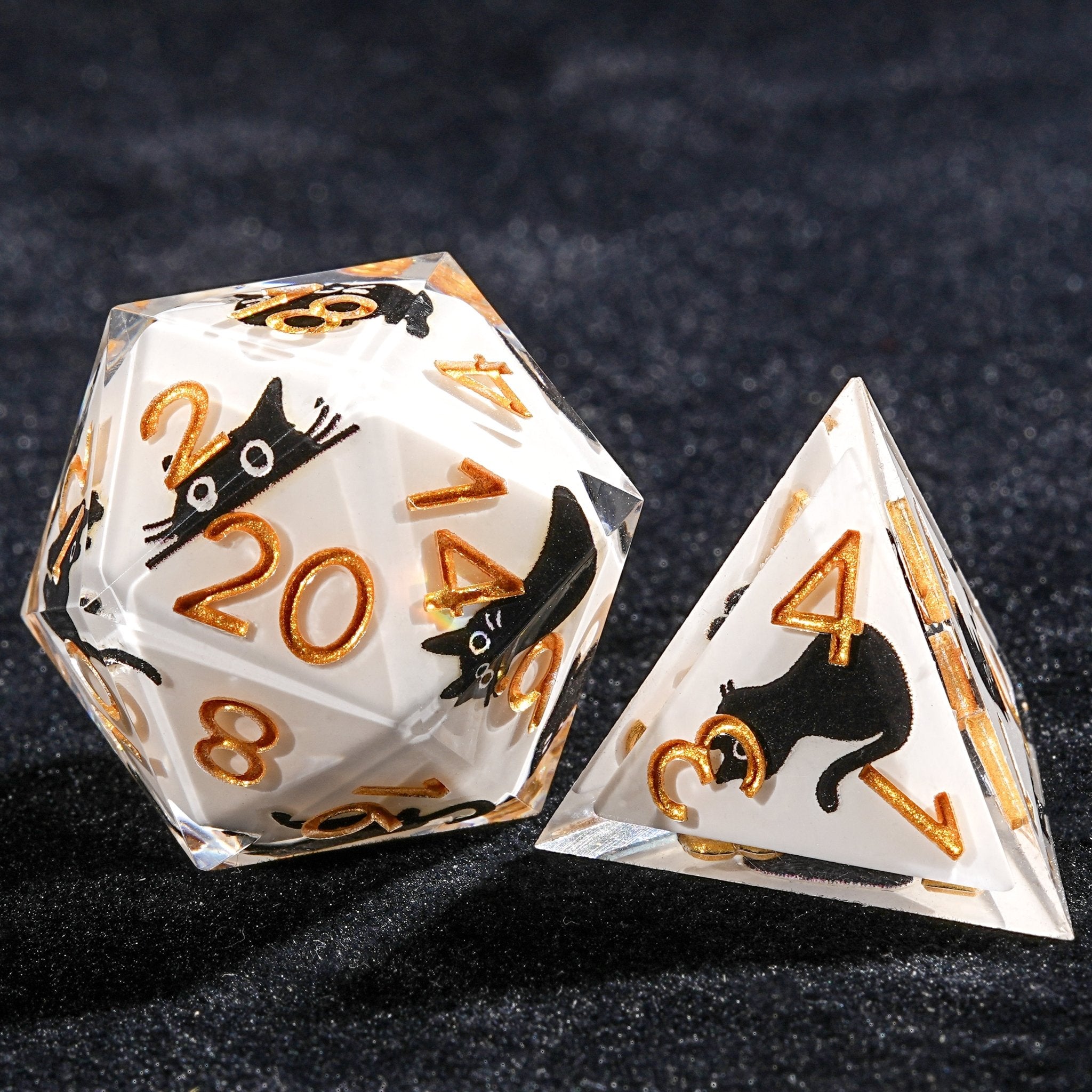 Unique White Resin Black Cat DND Dice Set + Gold Font - Bear Dice