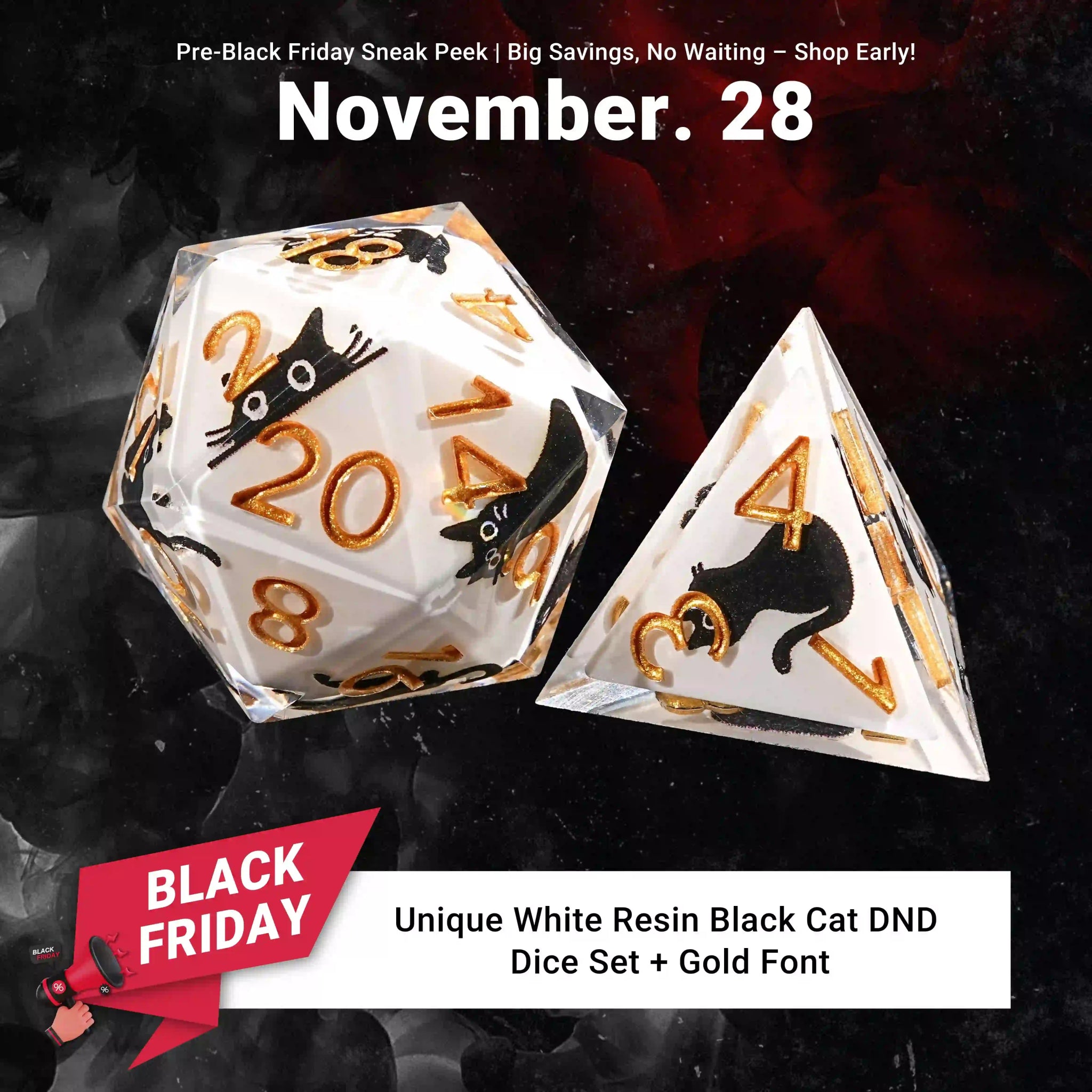Unique White Resin Black Cat DND Dice Set + Gold Font - Bear Dice