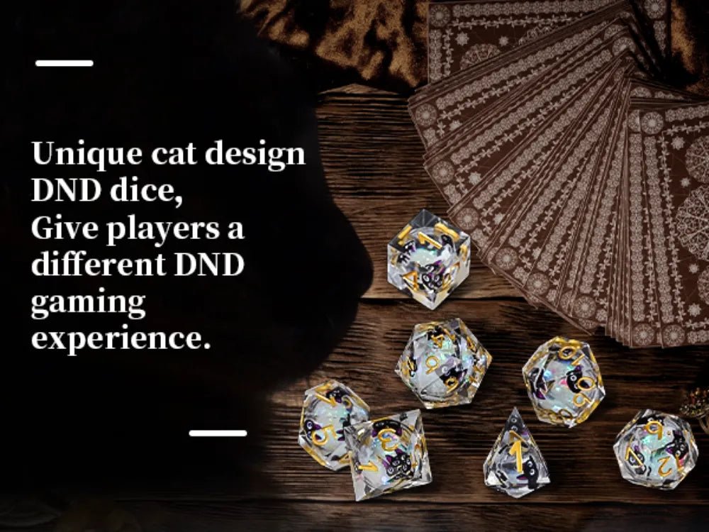 A set of sharp resin dice with gold numbers (D4, D6, D8, D10, D12, D10%, and D20), round, colorful, glittery liquid dice, and a unique and adorable big-eyed black cat image | Bear Dice