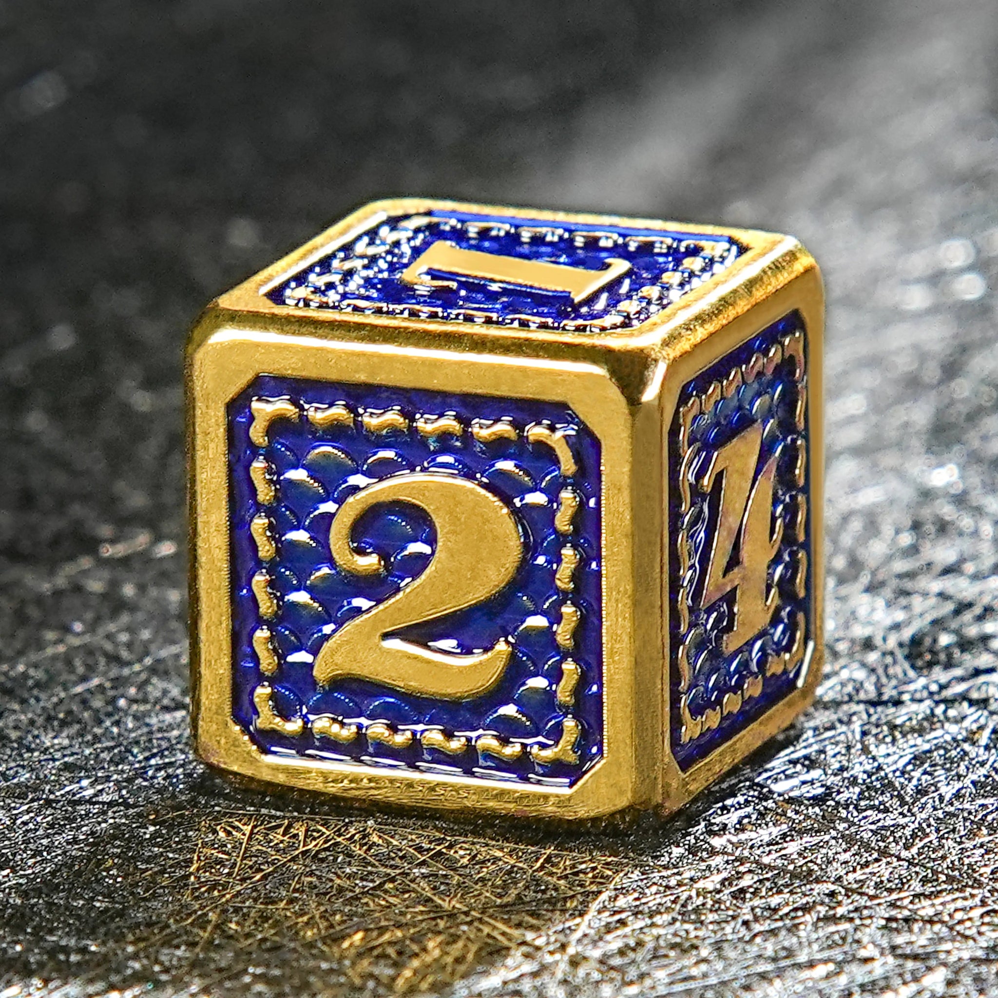 Vintage Luxury: Gold Blue Dragon Scale Metal DND Dice Set - Bear Dice