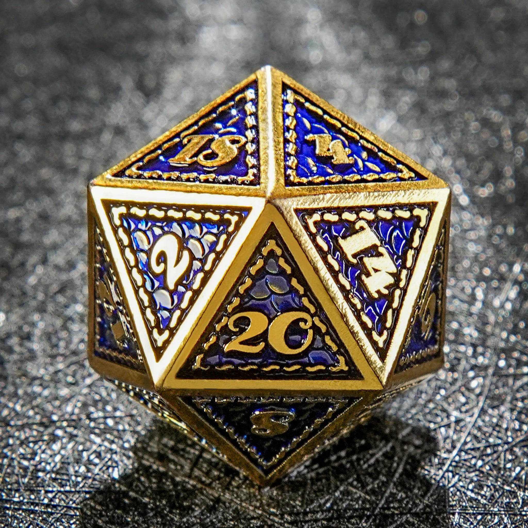 Vintage Luxury: Gold Blue Dragon Scale Metal DND Dice Set - Bear Dice
