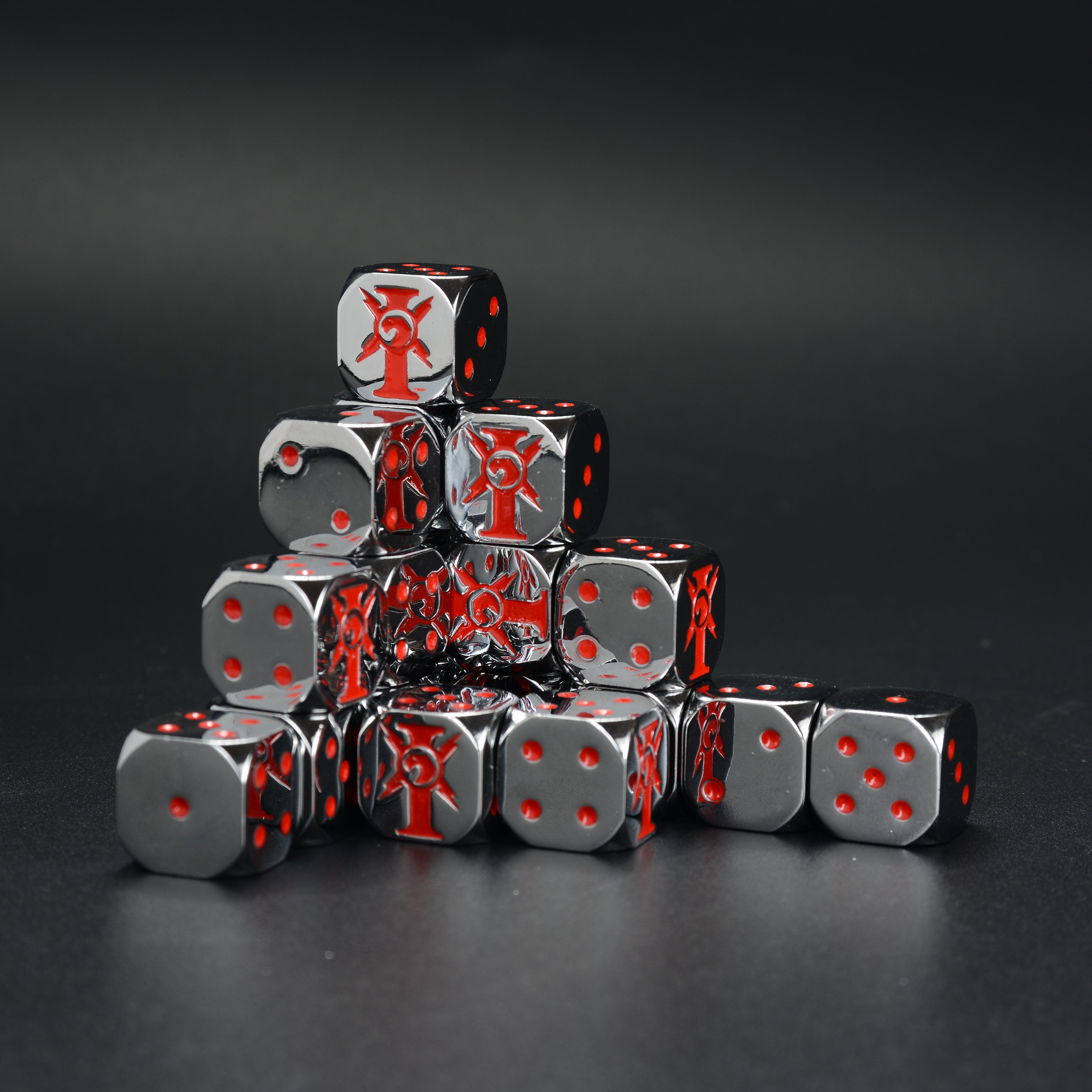 Warhammer 40K Imperial Chaos Star Metal D6 Dice Set of 15 — Black Chrome Pyramid Stack with Red Chaos Star Engravings | Bear Dice