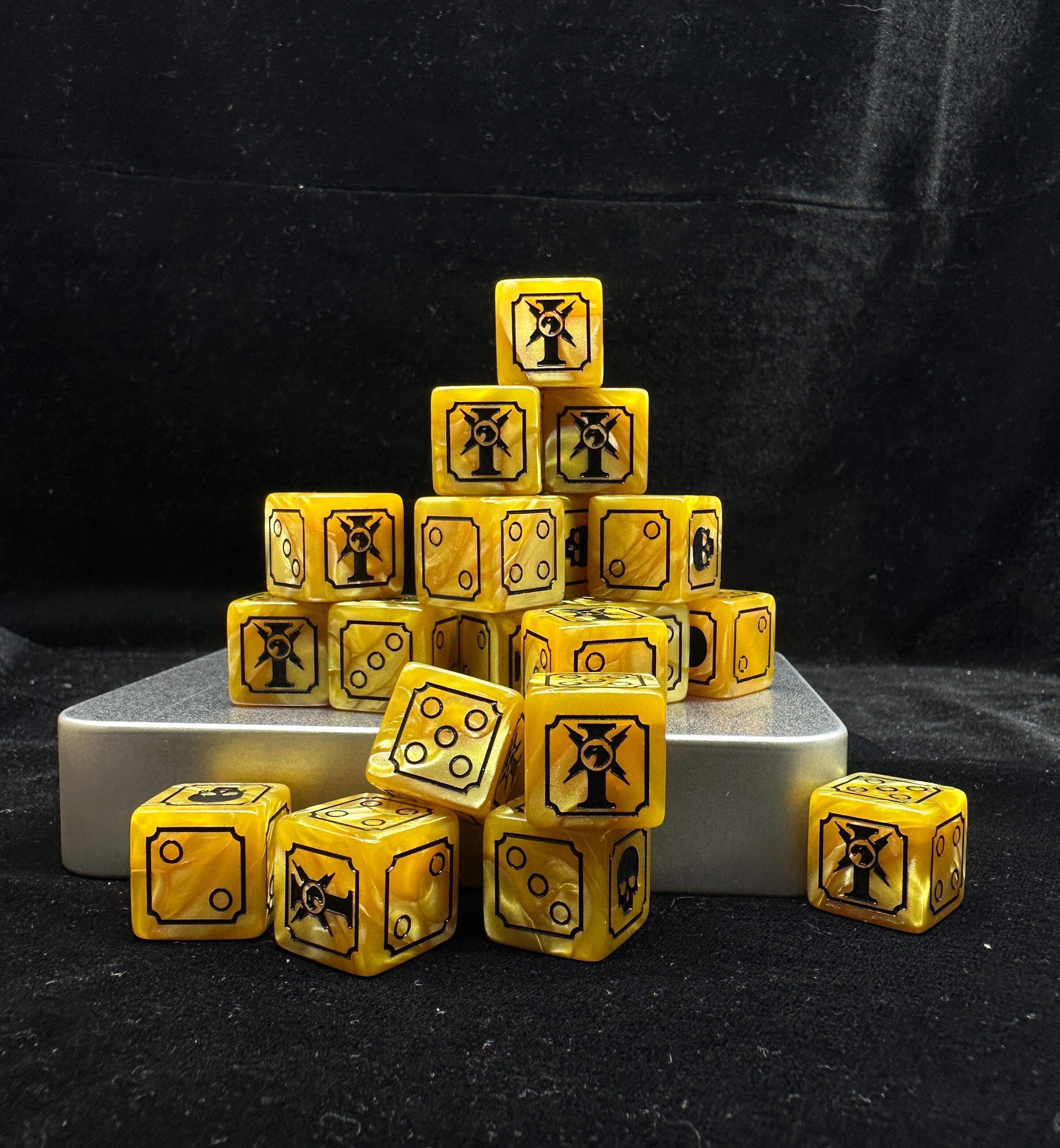 Warhammer 40K Imperial Guard Yellow Acrylic D6 Dice Set of 10 — Pyramid Display Showing Astra Militarum Badge 6-Face, Skull 1-Face and Black Circular Pip Sides on Dark Background | Bear Dice