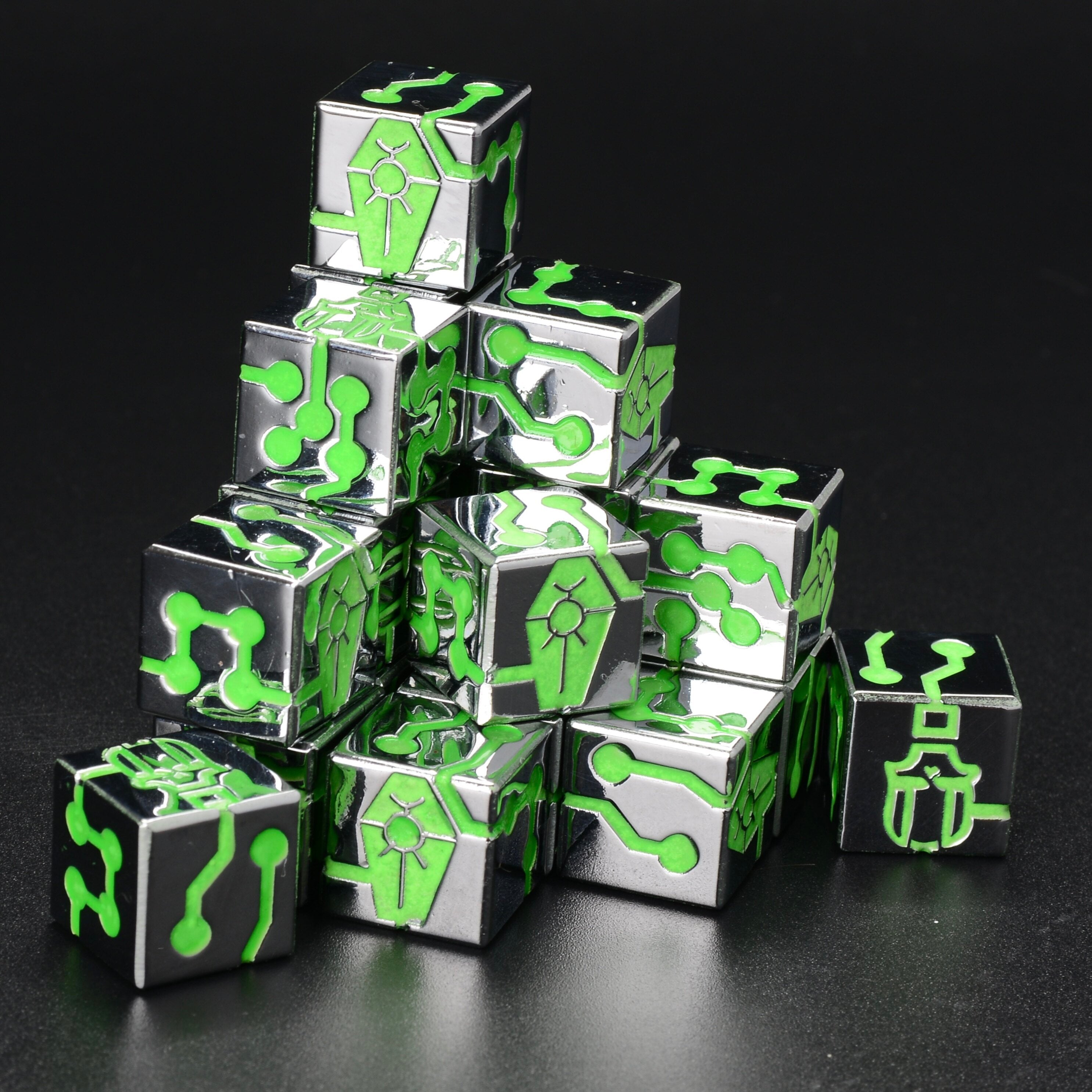 Warhammer 40K Necron-Themed Green Fluorescent D6 Dice group arrangement on dark background | Bear Dice