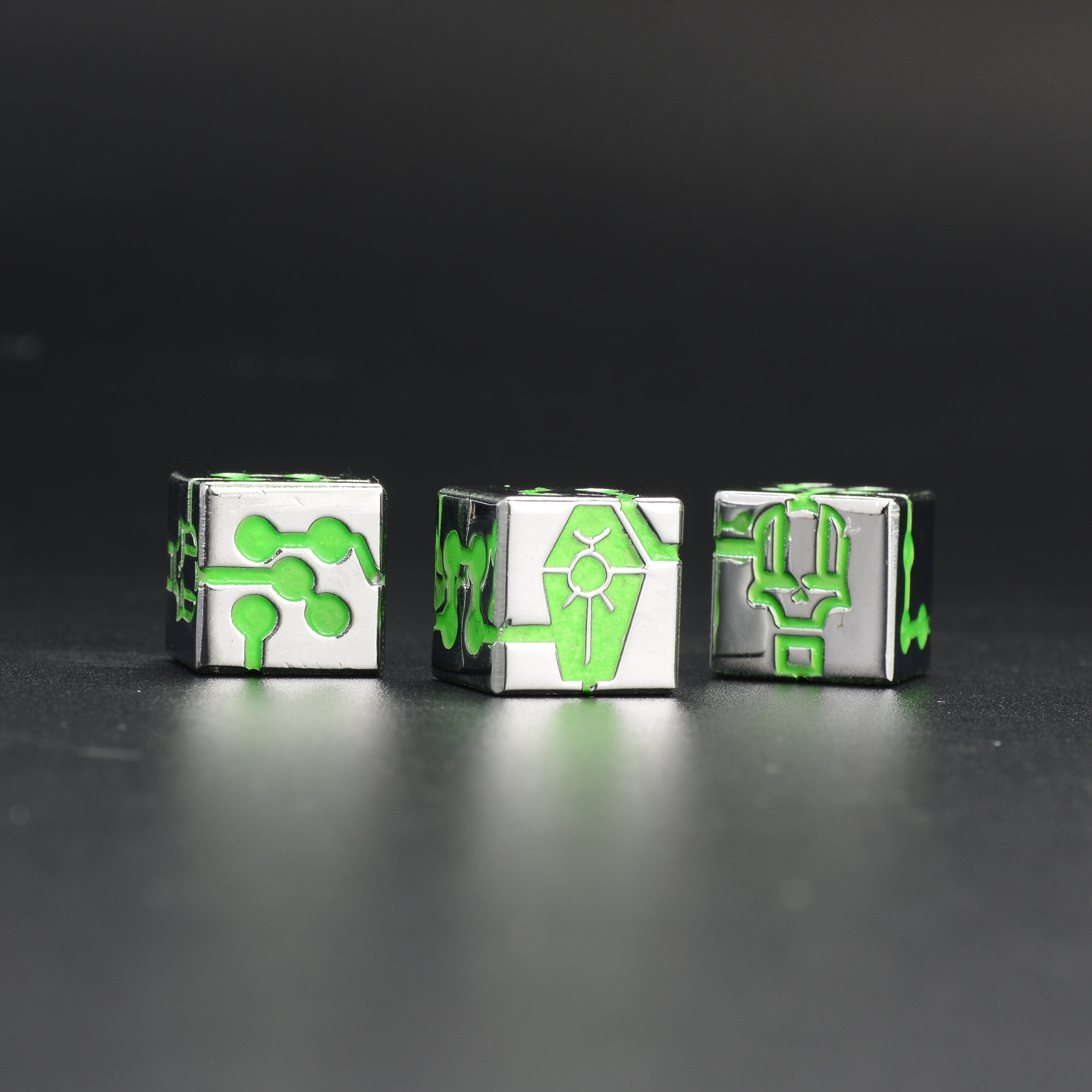 Warhammer 40K Necron-Themed Green Fluorescent D6 Dice three dice front view showing neon green enamel detail | Bear Dice