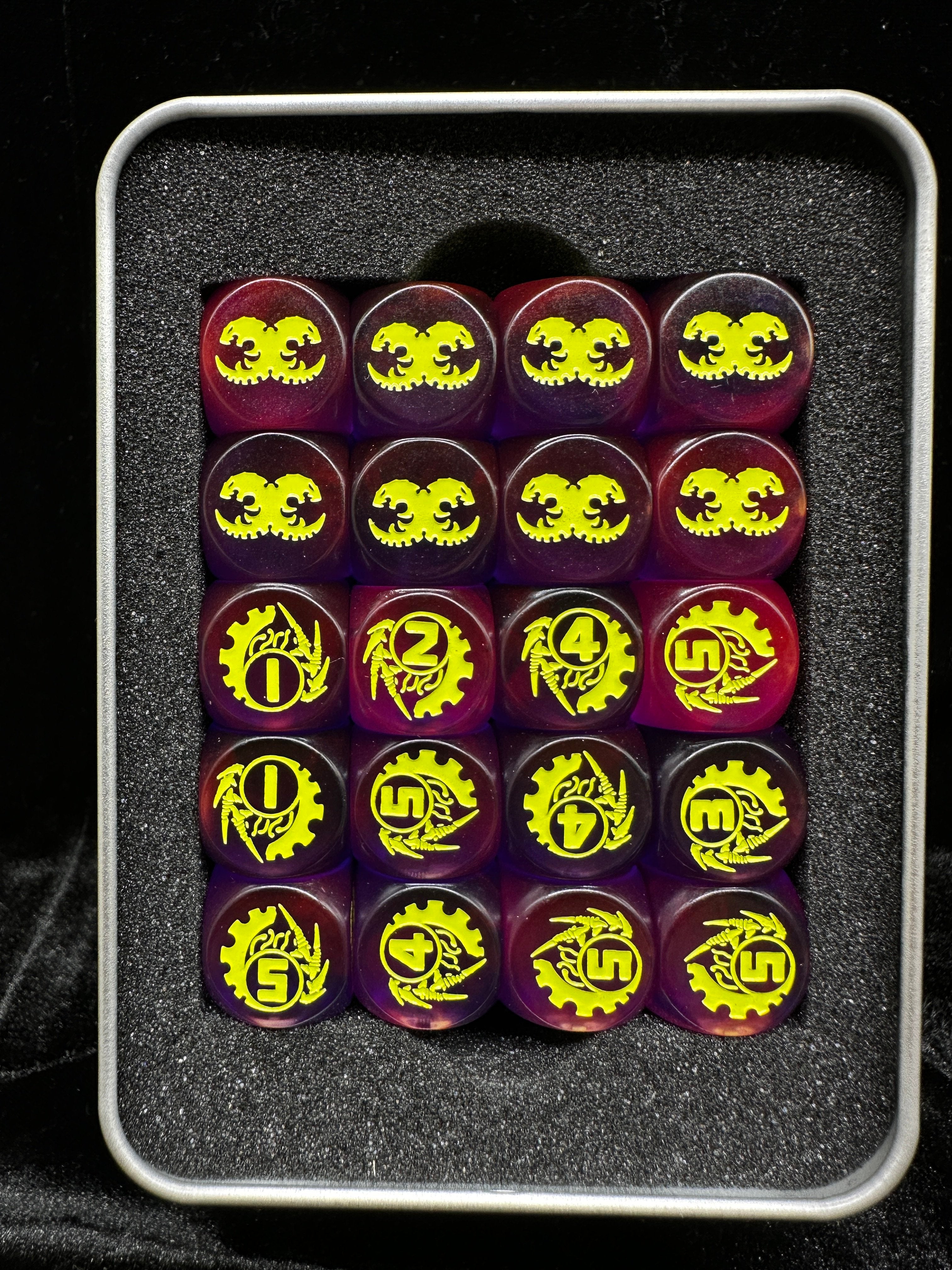 Warhammer 40K Tyranid Purple Transparent Acrylic D6 Dice Set of 20 — Top View in Open Official Warhammer Silver Tin Box with Foam Insert Showing All Dual-Claw Skull 6-Faces and Yellow-Green Gear Numeral Pip Faces | Bear Dice
