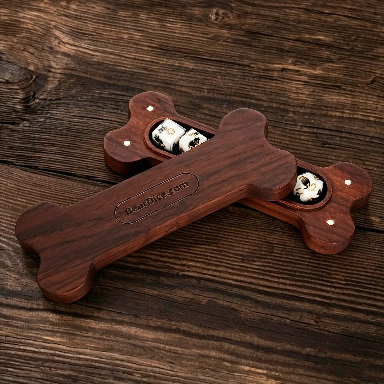 A walnut wood DND dice box shaped like a dog bone, capable of holding a resin dog dice set | Bear Dice
