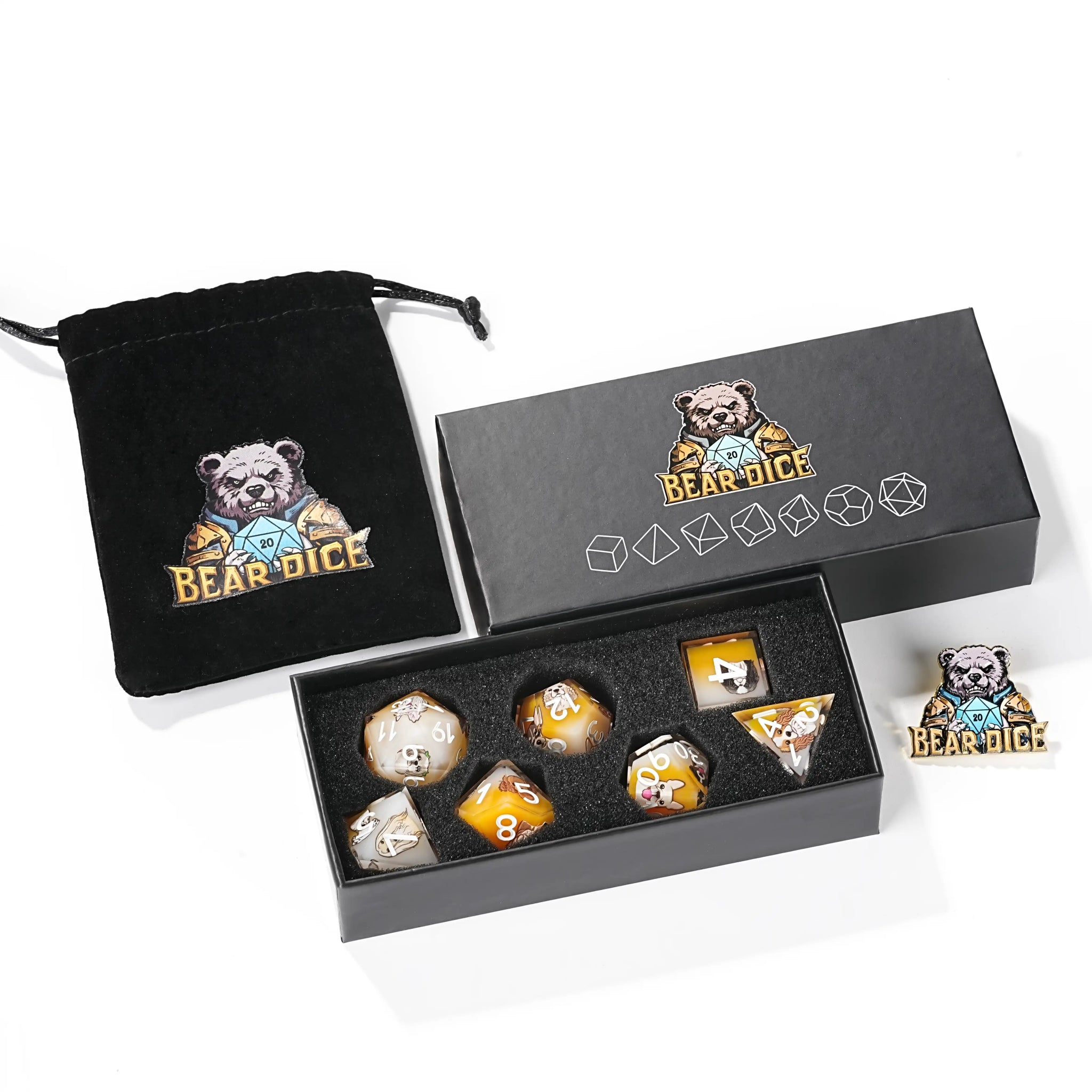 Yellow and white resin cute pet anime dog team polyhedral dice set + white numbers - Bear Dice