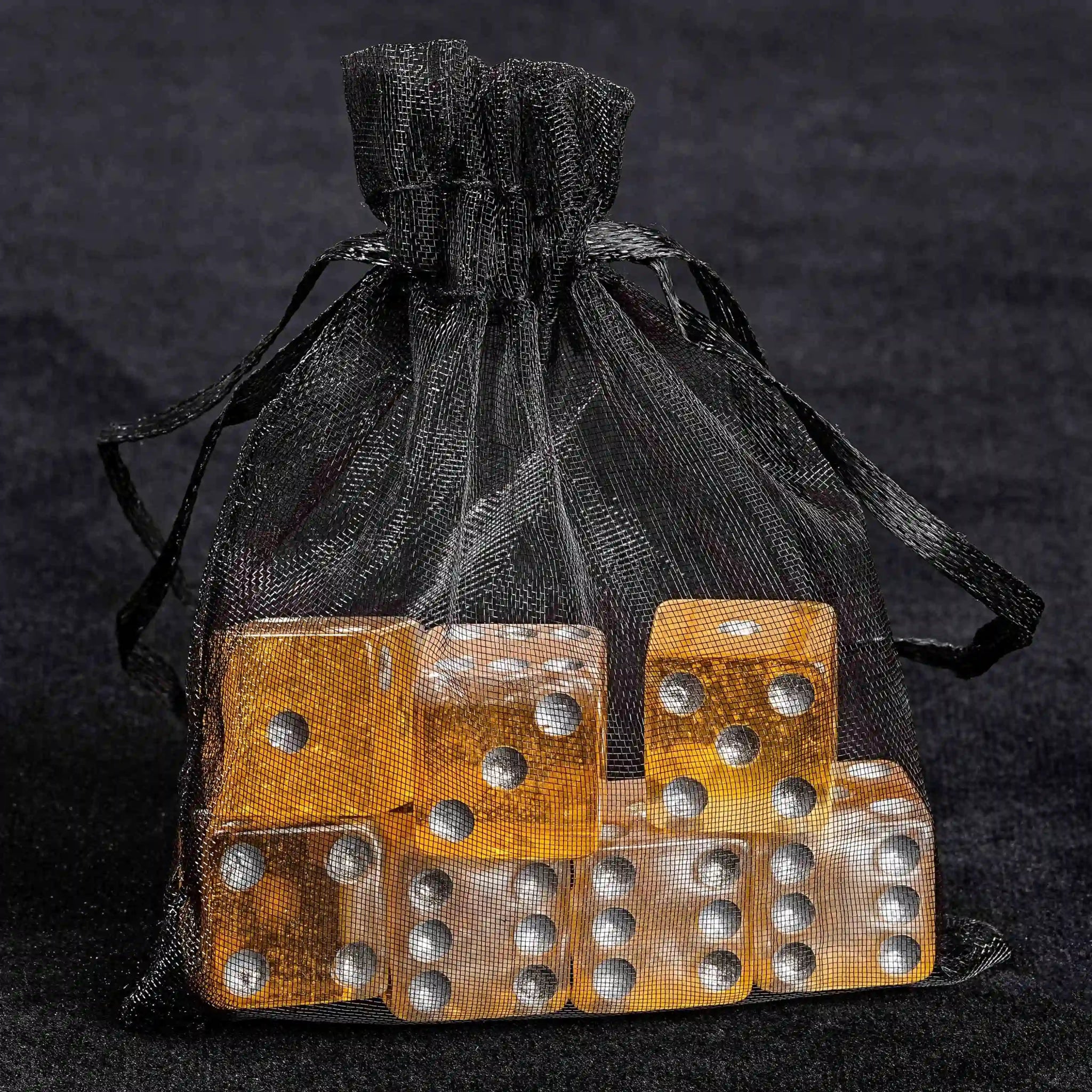 Yellow beer resin silver dots 7xD6 dice set - Bear Dice