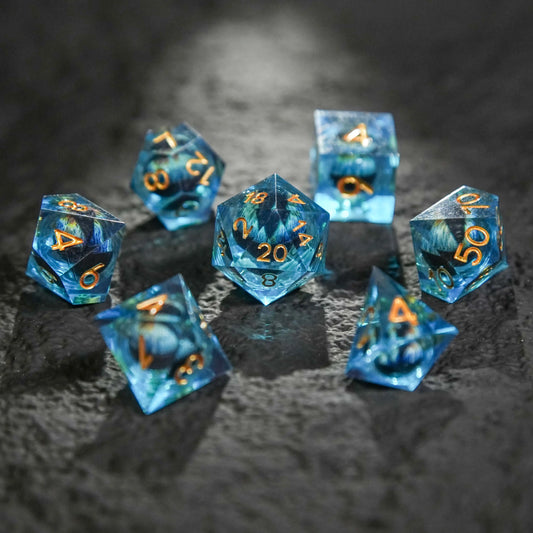 Liquid Core Blue Dragon Eyes Transparent Resin Dice Set | Bear Dice